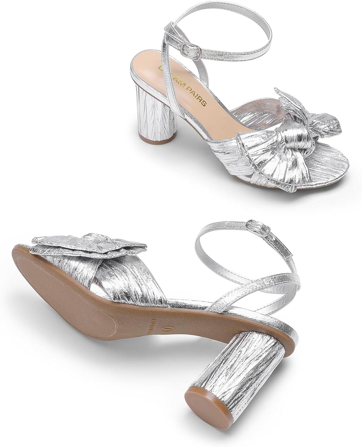 imageDREAM PAIRS Womens Bow Knot Heeled Sandals Low Chunky Heels Open Toe Ankle Strap Slingback Dress Shoes for Wedding Bridal PartySilver