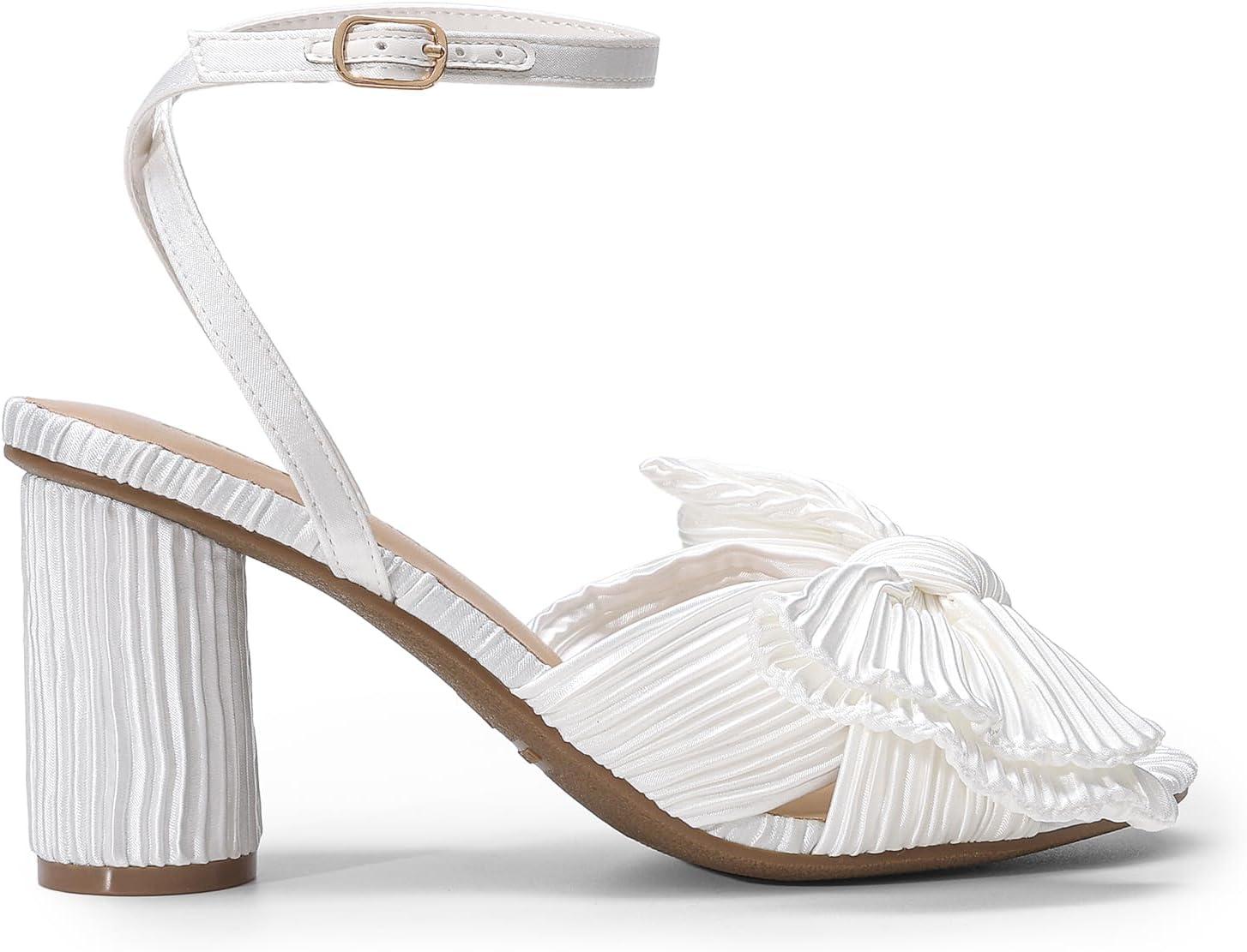 imageDREAM PAIRS Womens Bow Knot Heeled Sandals Low Chunky Heels Open Toe Ankle Strap Slingback Dress Shoes for Wedding Bridal PartyWhite