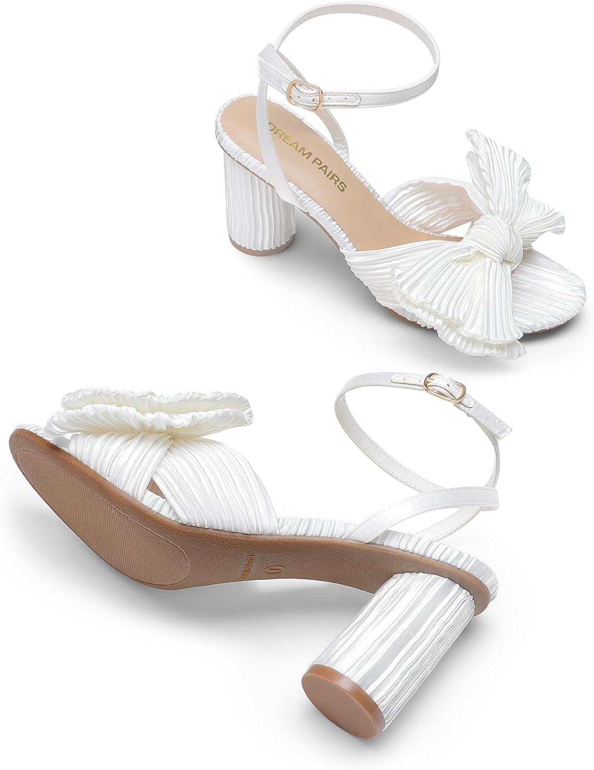 imageDREAM PAIRS Womens Bow Knot Heeled Sandals Low Chunky Heels Open Toe Ankle Strap Slingback Dress Shoes for Wedding Bridal PartyWhite