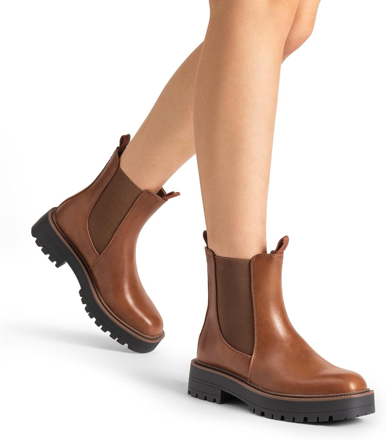 imageDREAM PAIRS Womens Chelsea Ankle Boots Square Toe Fashion Low Heel Lug Sole Platform Fall Booties ShoesBrownpu