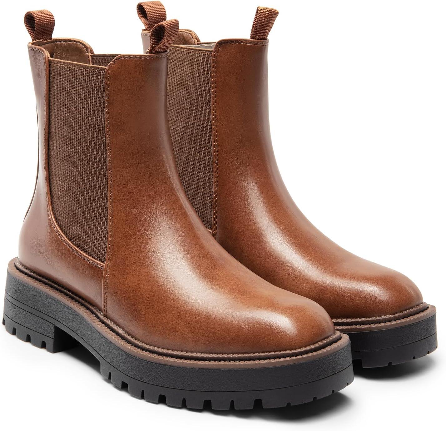 imageDREAM PAIRS Womens Chelsea Ankle Boots Square Toe Fashion Low Heel Lug Sole Platform Fall Booties ShoesBrownpu