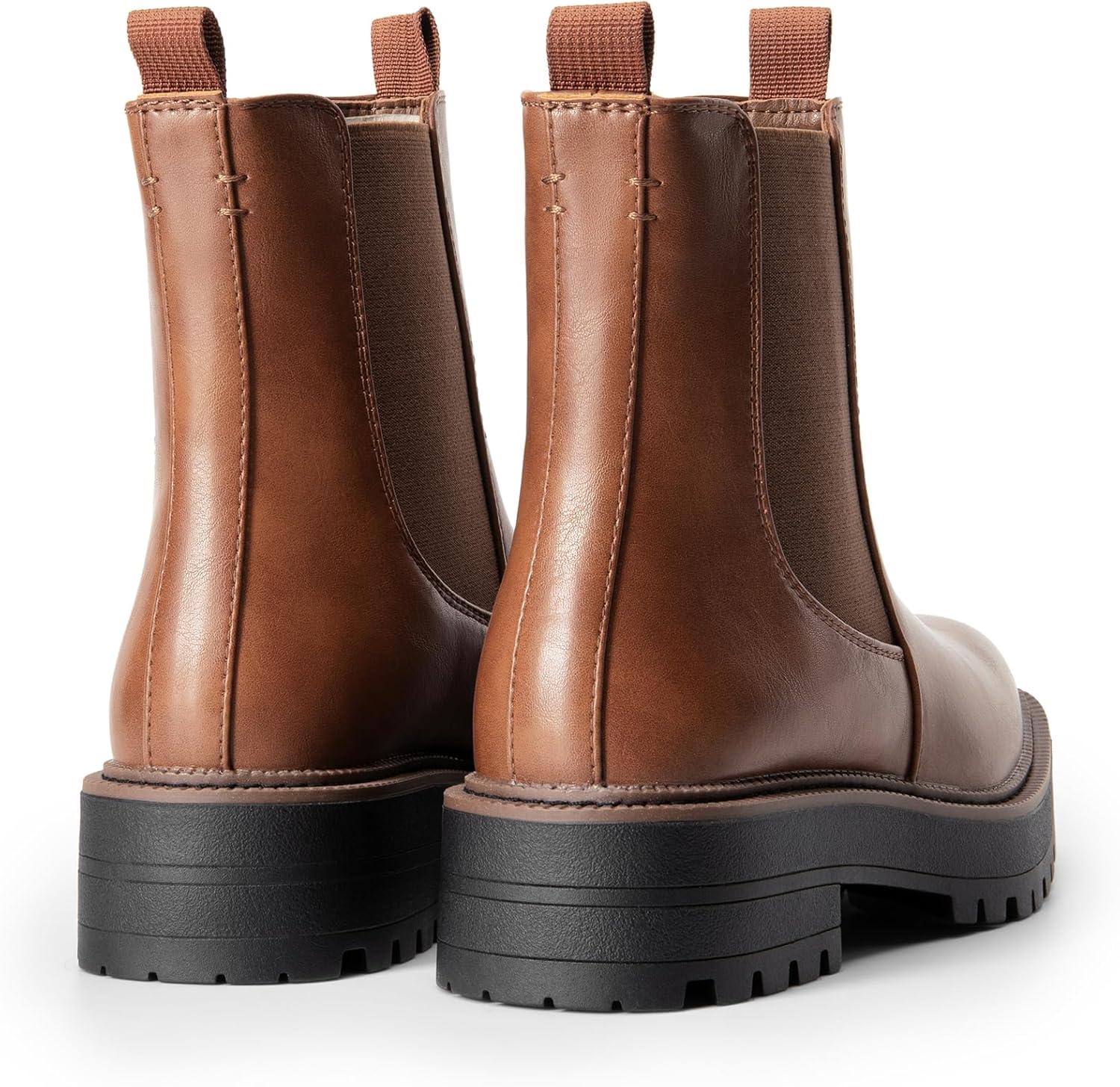 imageDREAM PAIRS Womens Chelsea Ankle Boots Square Toe Fashion Low Heel Lug Sole Platform Fall Booties ShoesBrownpu