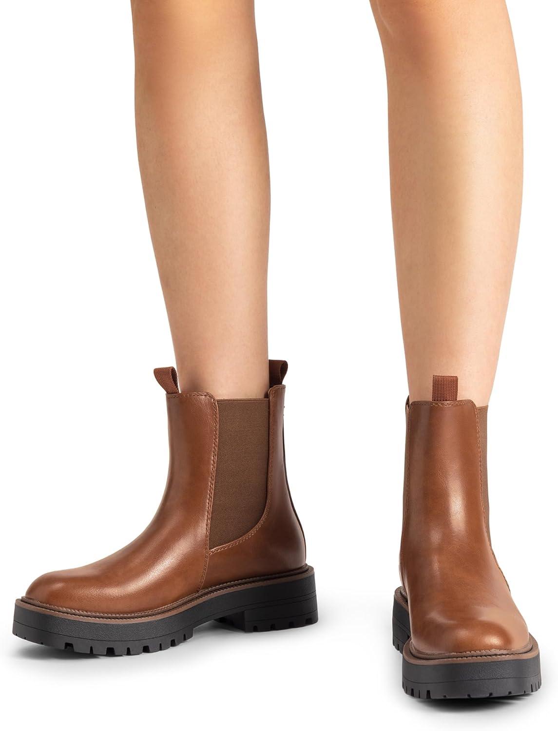 imageDREAM PAIRS Womens Chelsea Ankle Boots Square Toe Fashion Low Heel Lug Sole Platform Fall Booties ShoesBrownpu