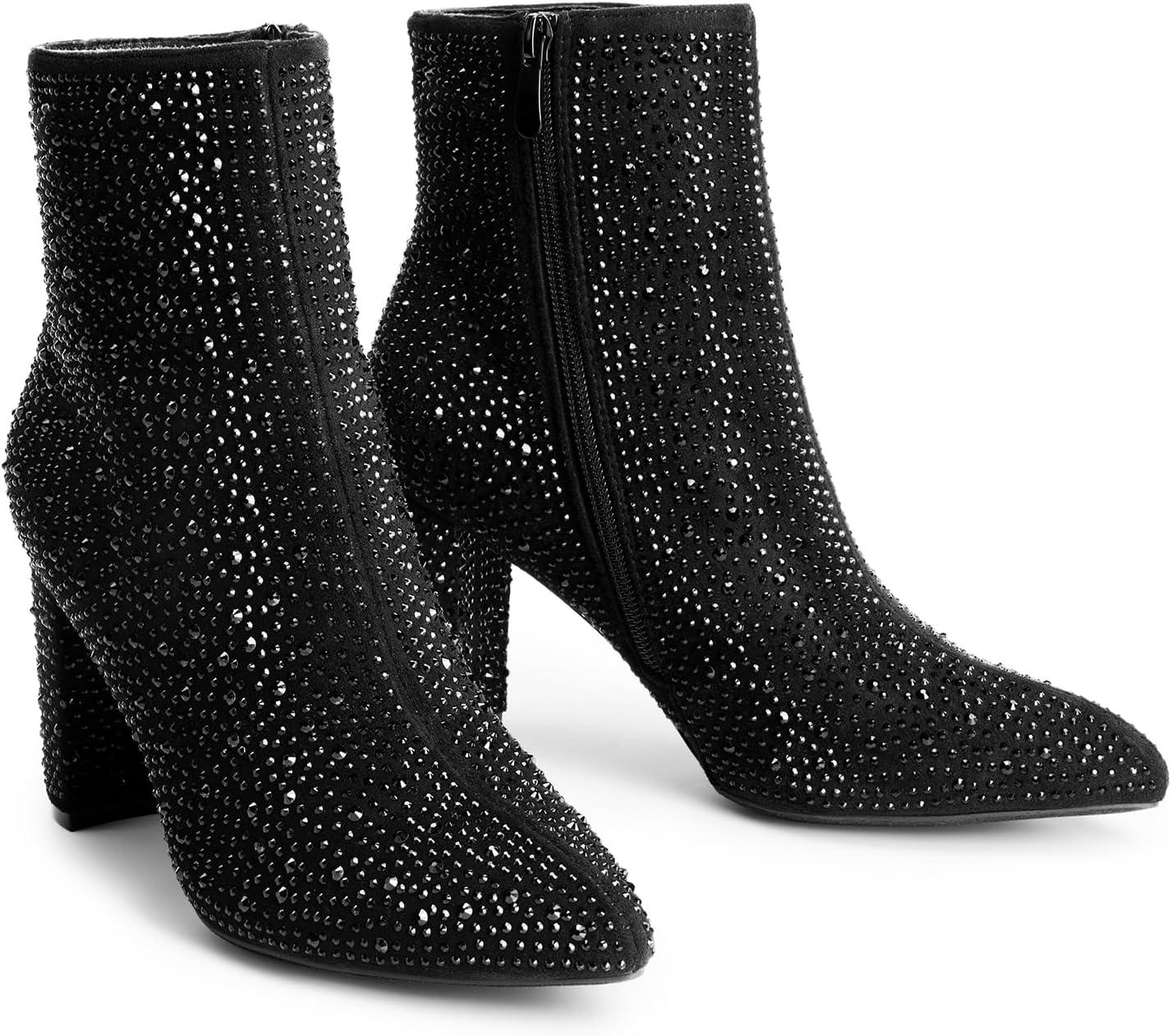 imageDREAM PAIRS Womens Chunky Heel Ankle Booties Pointed Toe Short BootsBlackrhinestone