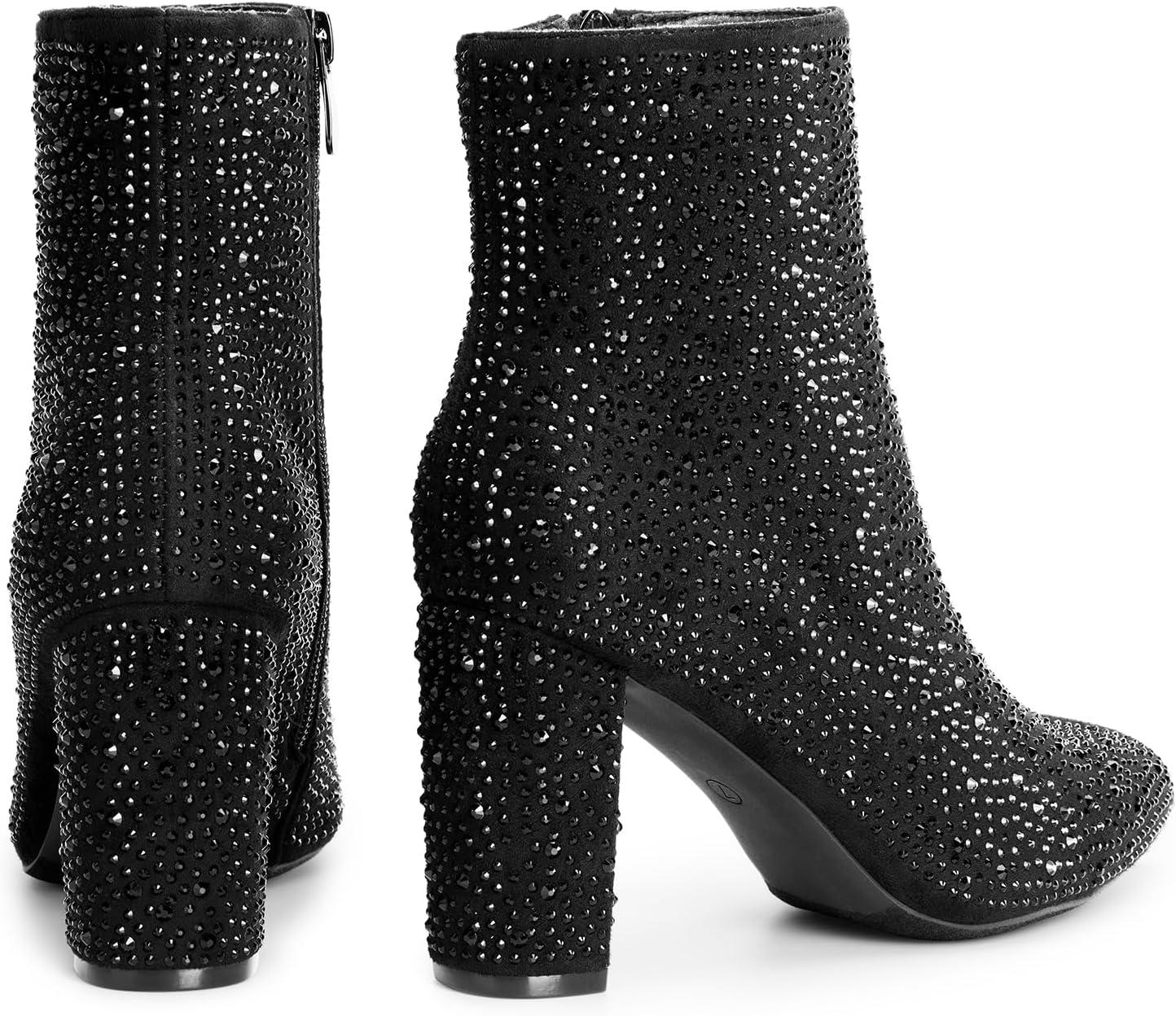 imageDREAM PAIRS Womens Chunky Heel Ankle Booties Pointed Toe Short BootsBlackrhinestone