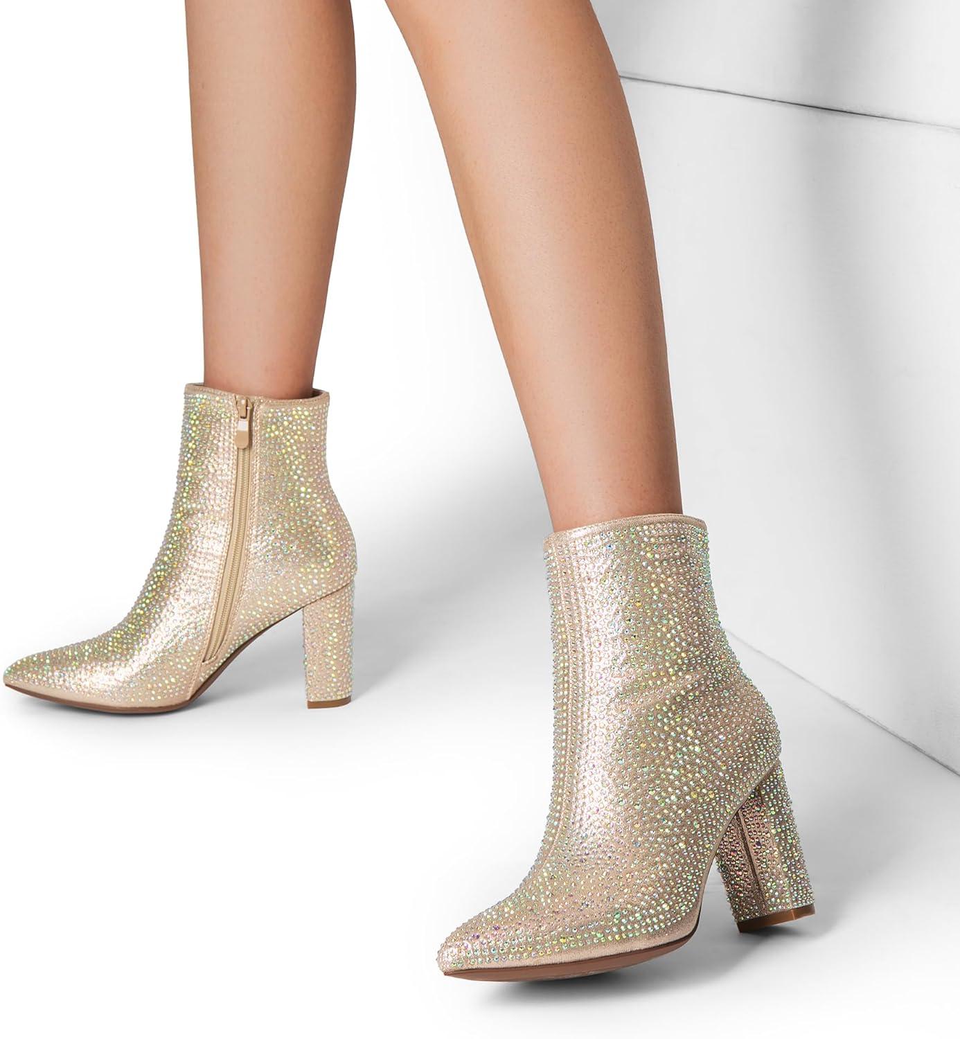 imageDREAM PAIRS Womens Chunky Heel Ankle Booties Pointed Toe Short BootsGold