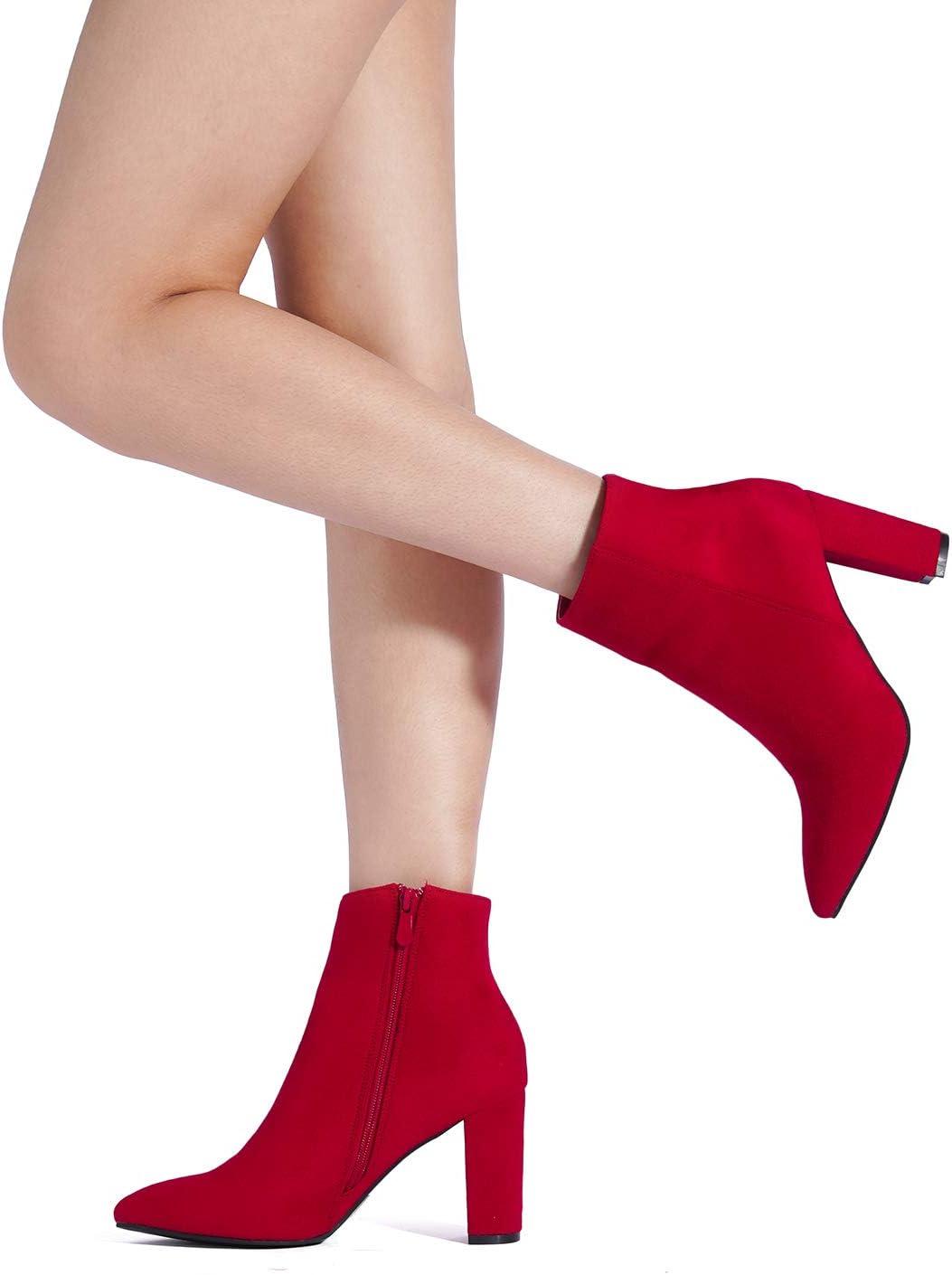 imageDREAM PAIRS Womens Chunky Heel Ankle Booties Pointed Toe Short BootsRed