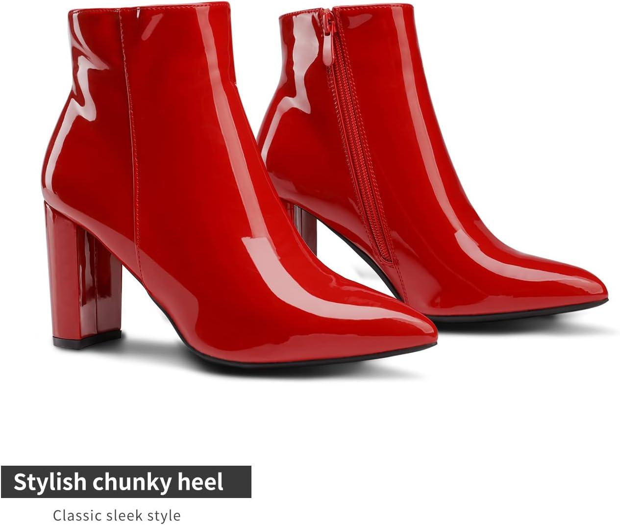 imageDREAM PAIRS Womens Chunky Heel Ankle Booties Pointed Toe Short BootsRedPat