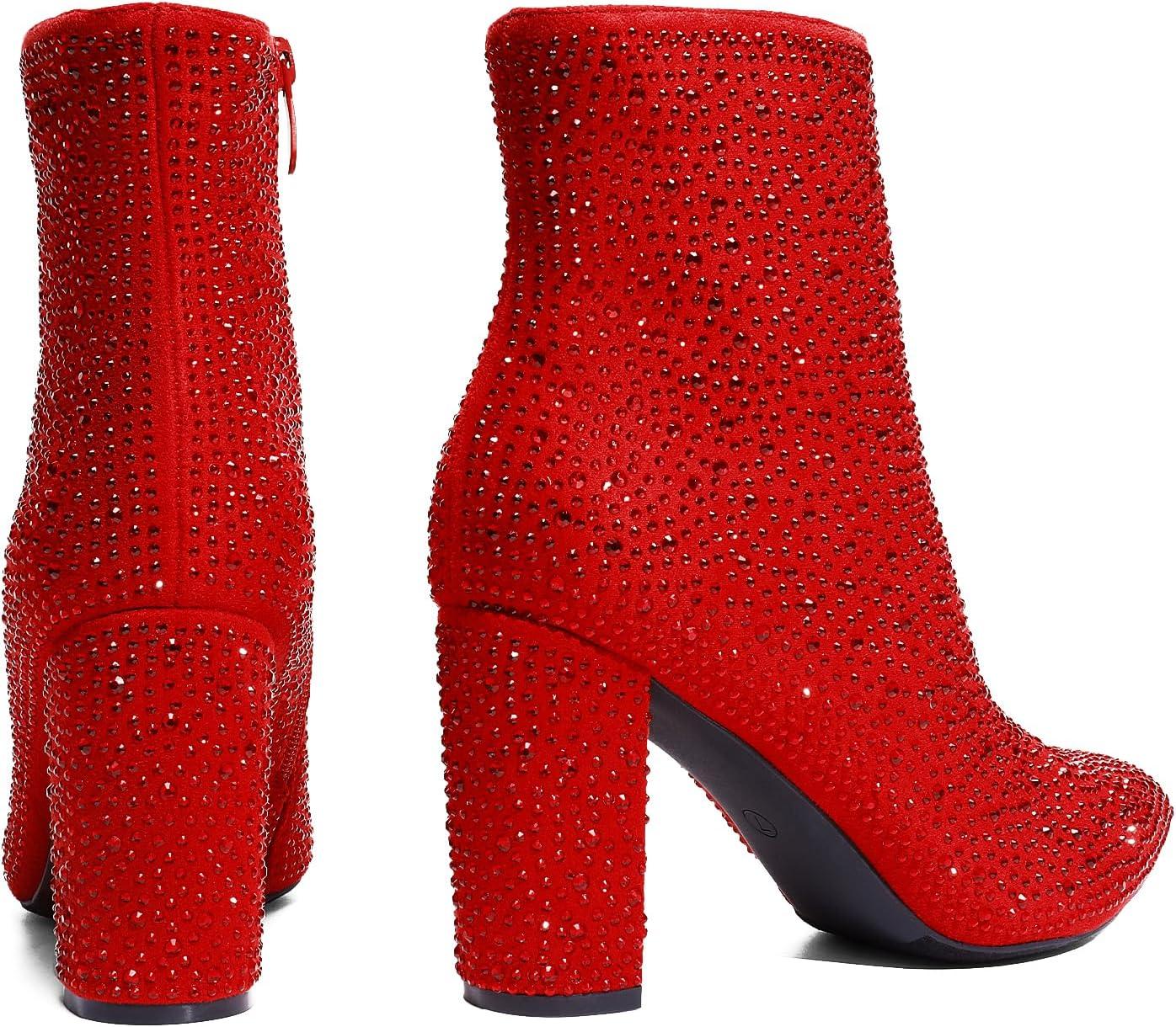 imageDREAM PAIRS Womens Chunky Heel Ankle Booties Pointed Toe Short BootsRedrhinestone