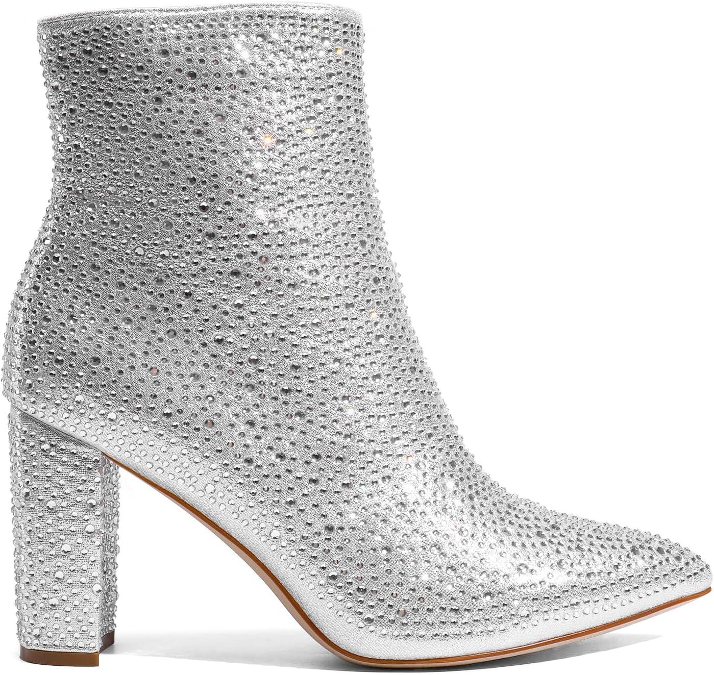 imageDREAM PAIRS Womens Chunky Heel Ankle Booties Pointed Toe Short BootsRhinestone