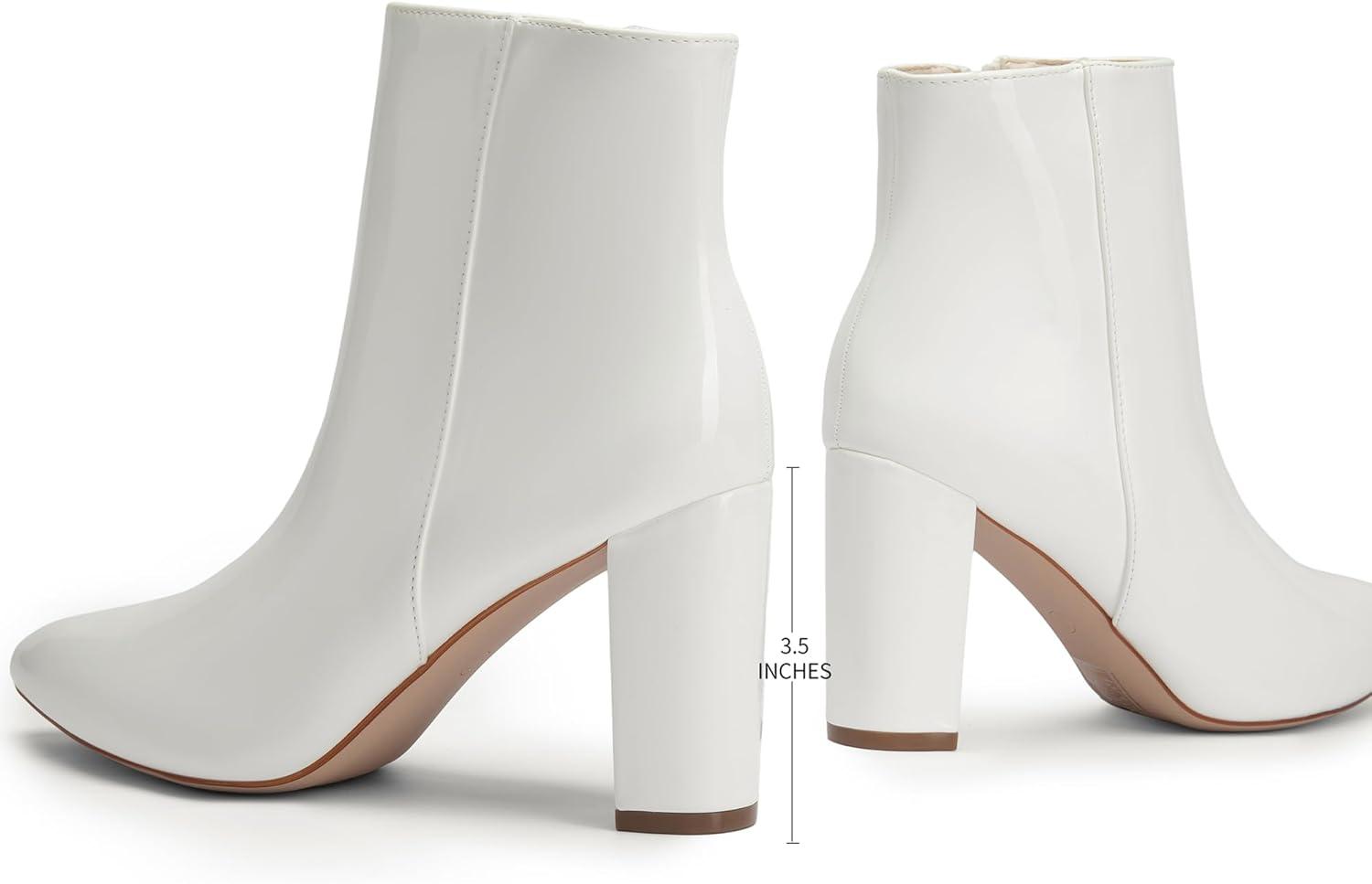 imageDREAM PAIRS Womens Chunky Heel Ankle Booties Pointed Toe Short BootsWhitepat