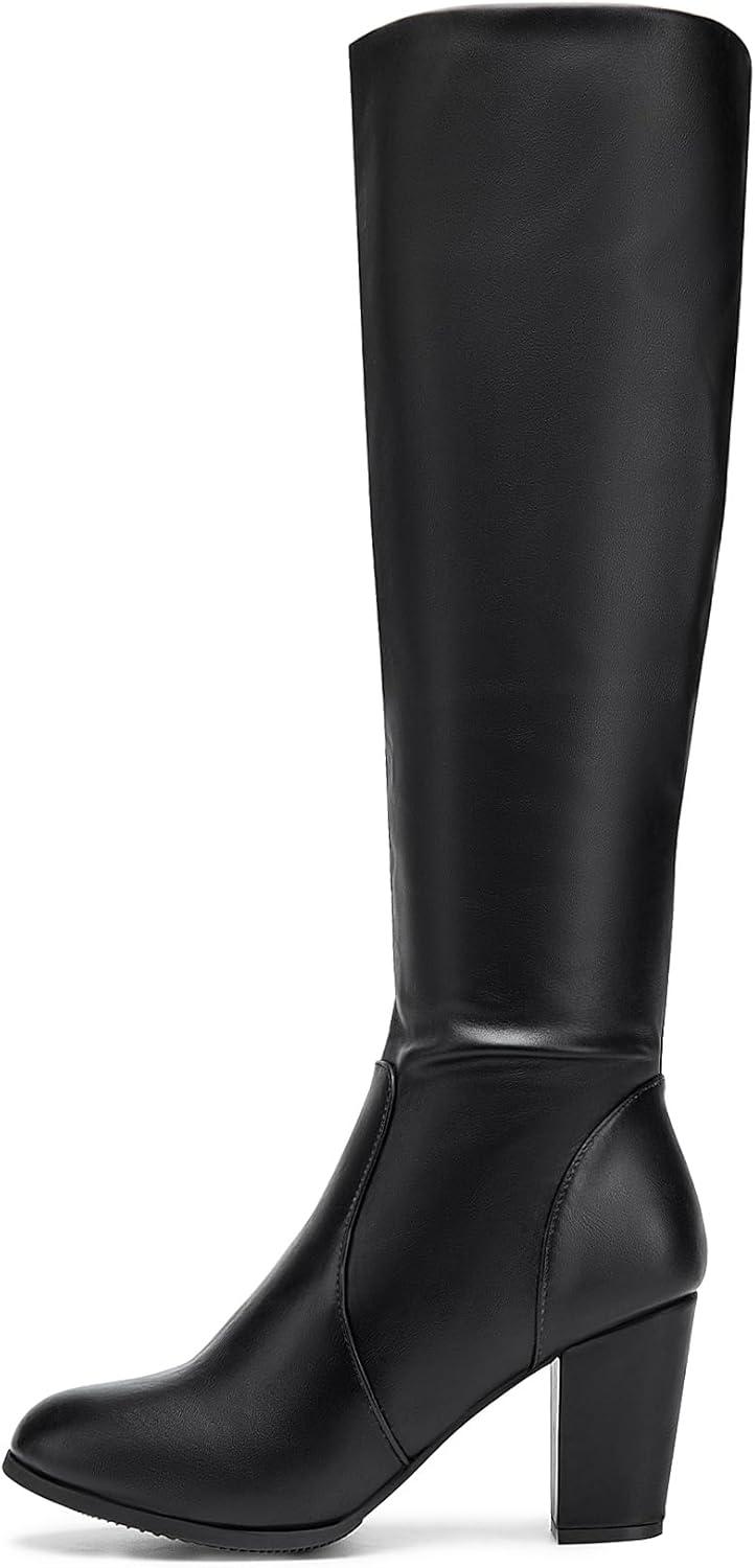 imageDREAM PAIRS Womens Chunky Heel Knee High BootsBlackPu