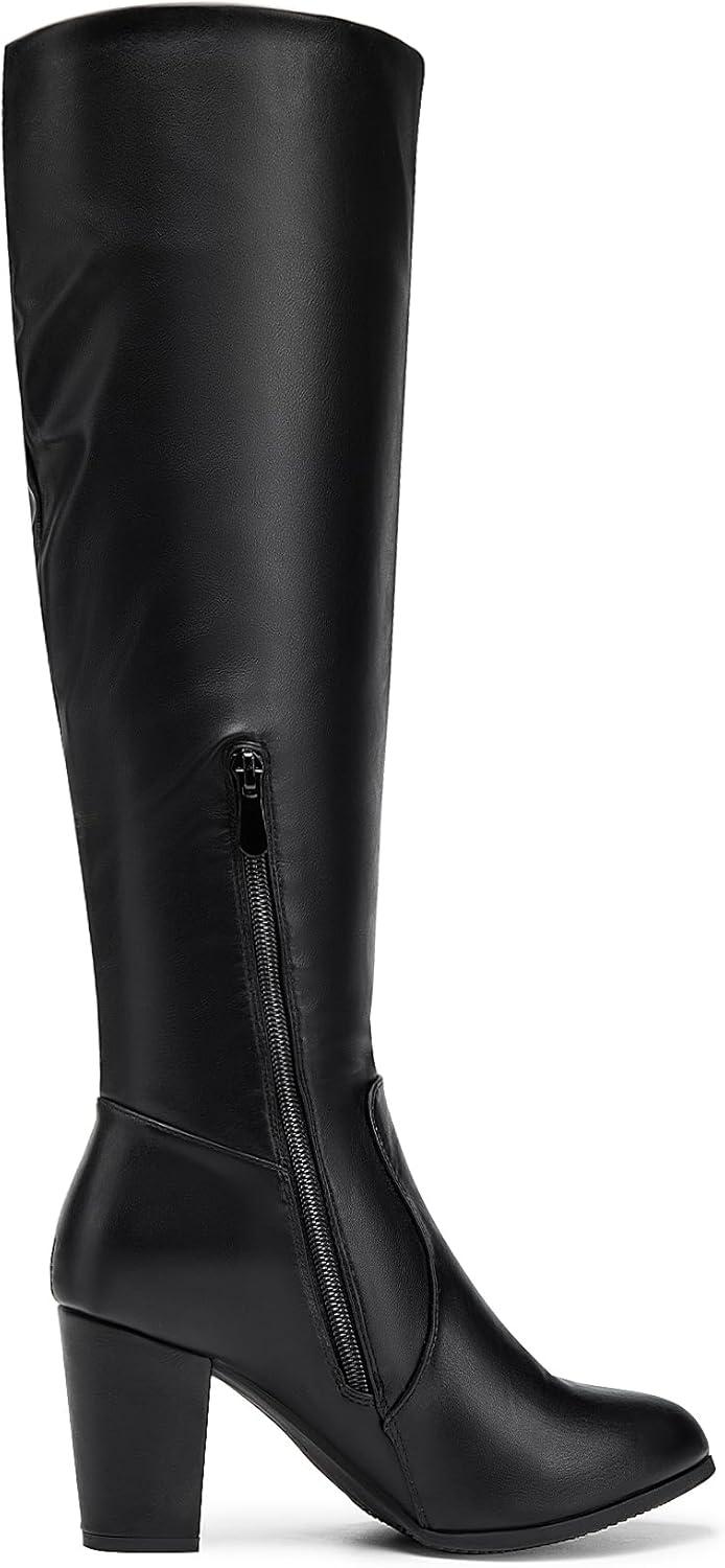 imageDREAM PAIRS Womens Chunky Heel Knee High BootsBlackPu