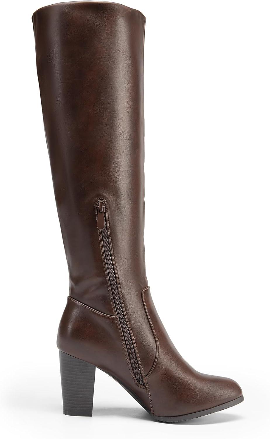 imageDREAM PAIRS Womens Chunky Heel Knee High BootsBrownpu