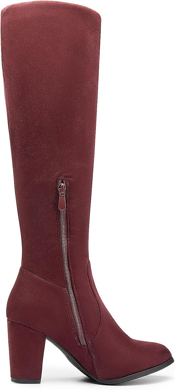 imageDREAM PAIRS Womens Chunky Heel Knee High BootsBurgundy