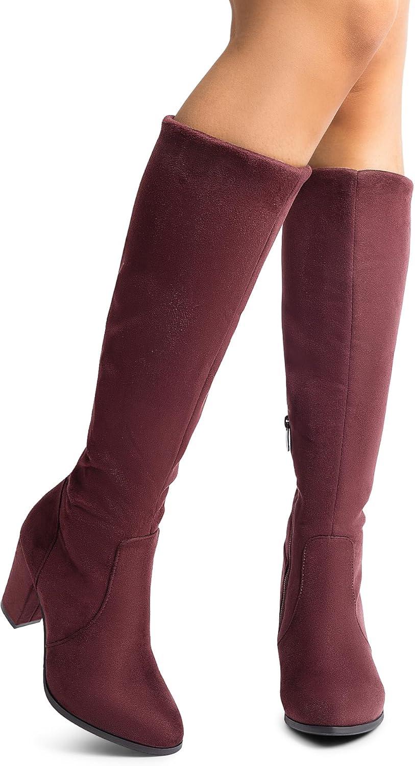 imageDREAM PAIRS Womens Chunky Heel Knee High BootsBurgundy