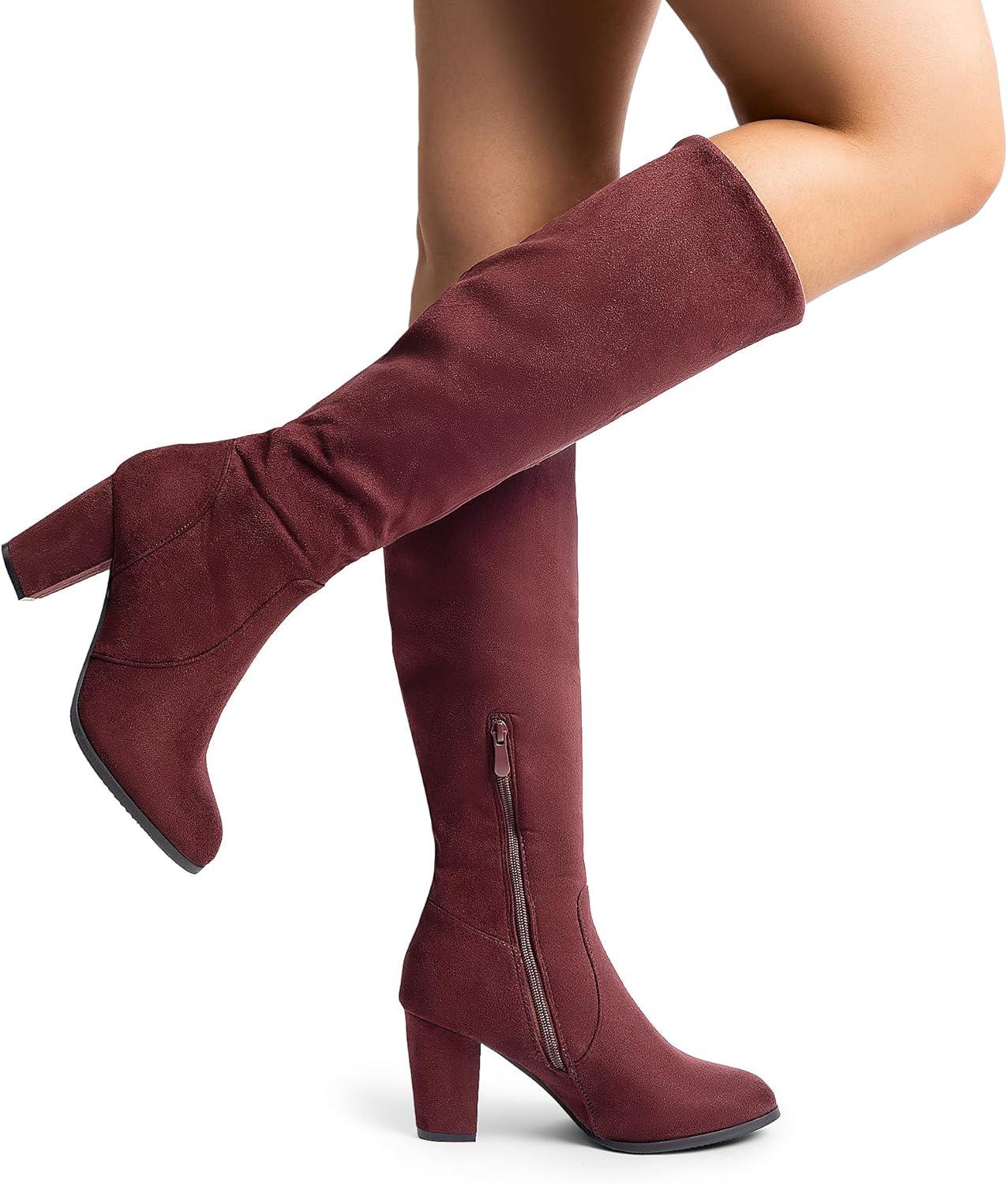 imageDREAM PAIRS Womens Chunky Heel Knee High BootsBurgundy