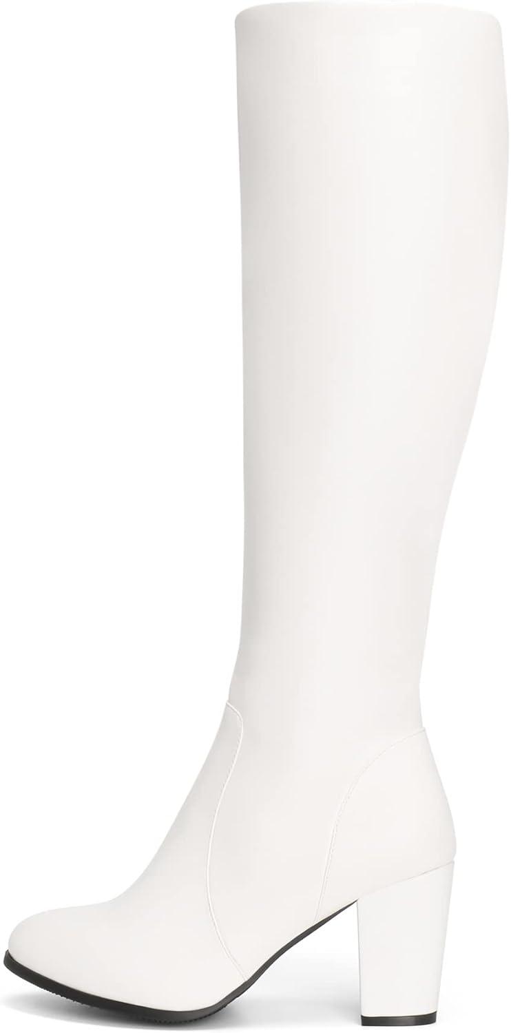 imageDREAM PAIRS Womens Chunky Heel Knee High BootsWhitePu