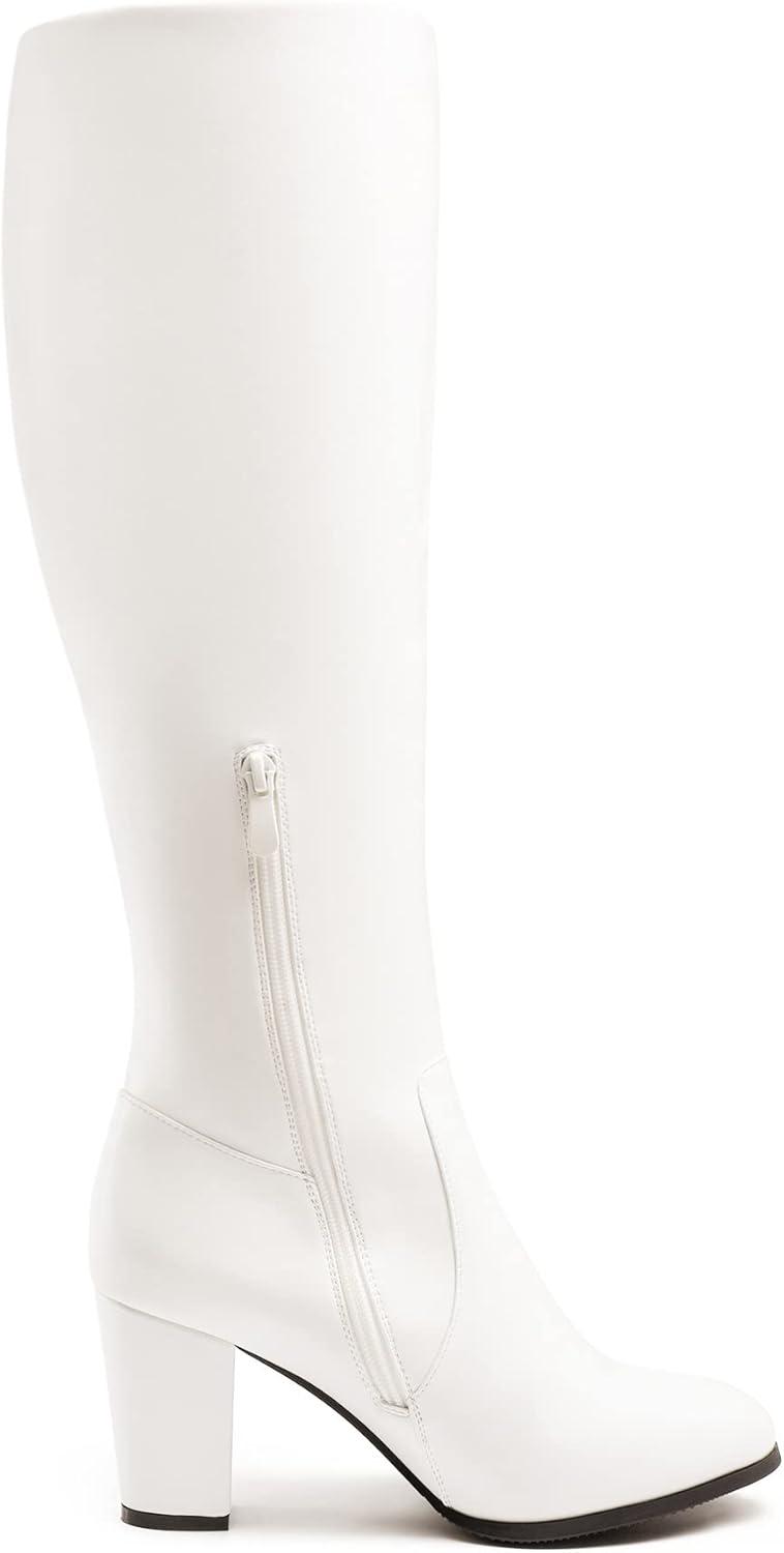 imageDREAM PAIRS Womens Chunky Heel Knee High BootsWhitePu