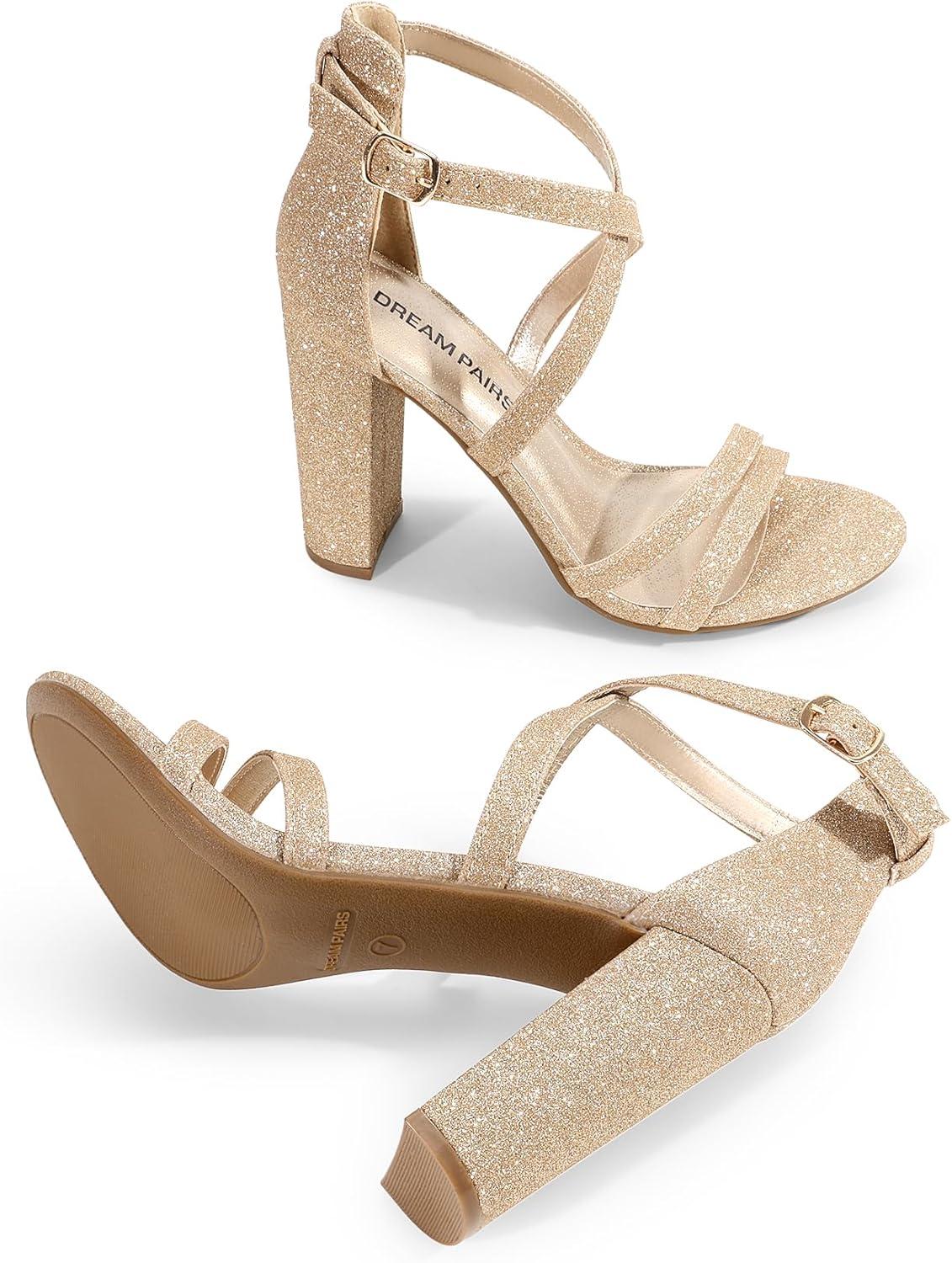 imageDREAM PAIRS Womens Chunky Heels 4 inch High Multi Strap Soft Comfort Block Heeled Sandals for Prom Dancing WeddingGold