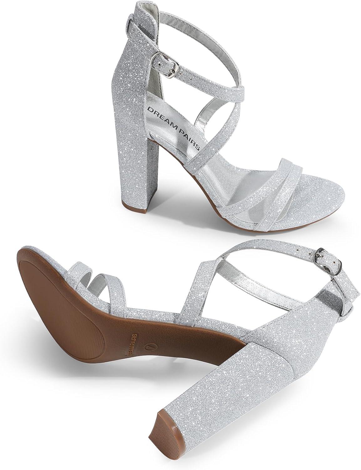 imageDREAM PAIRS Womens Chunky Heels 4 inch High Multi Strap Soft Comfort Block Heeled Sandals for Prom Dancing WeddingSilver