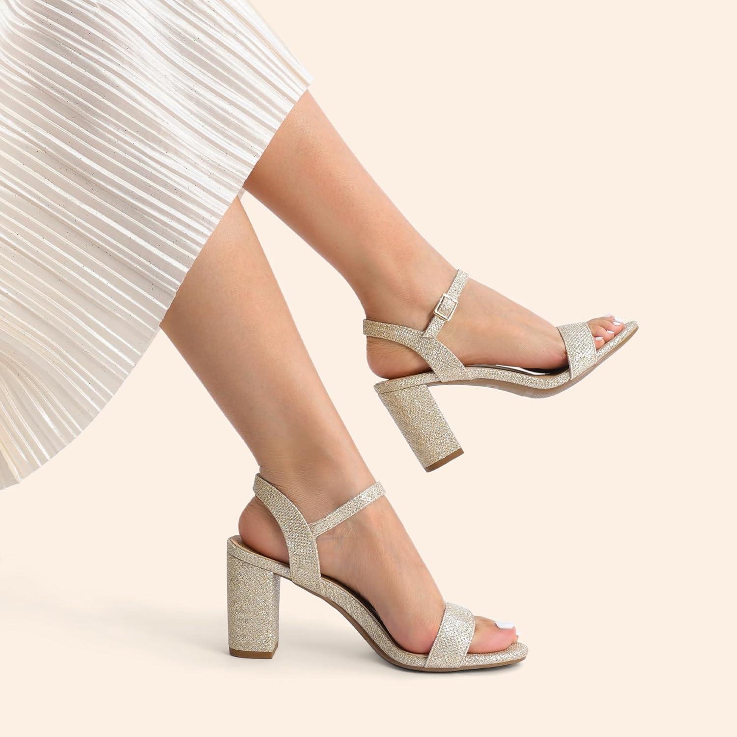 imageDREAM PAIRS Womens Chunky Heels Block Round Open Toe Ankle Strap Heel Fashion Wedding Party Comfort Dress Sandals ShoesGold