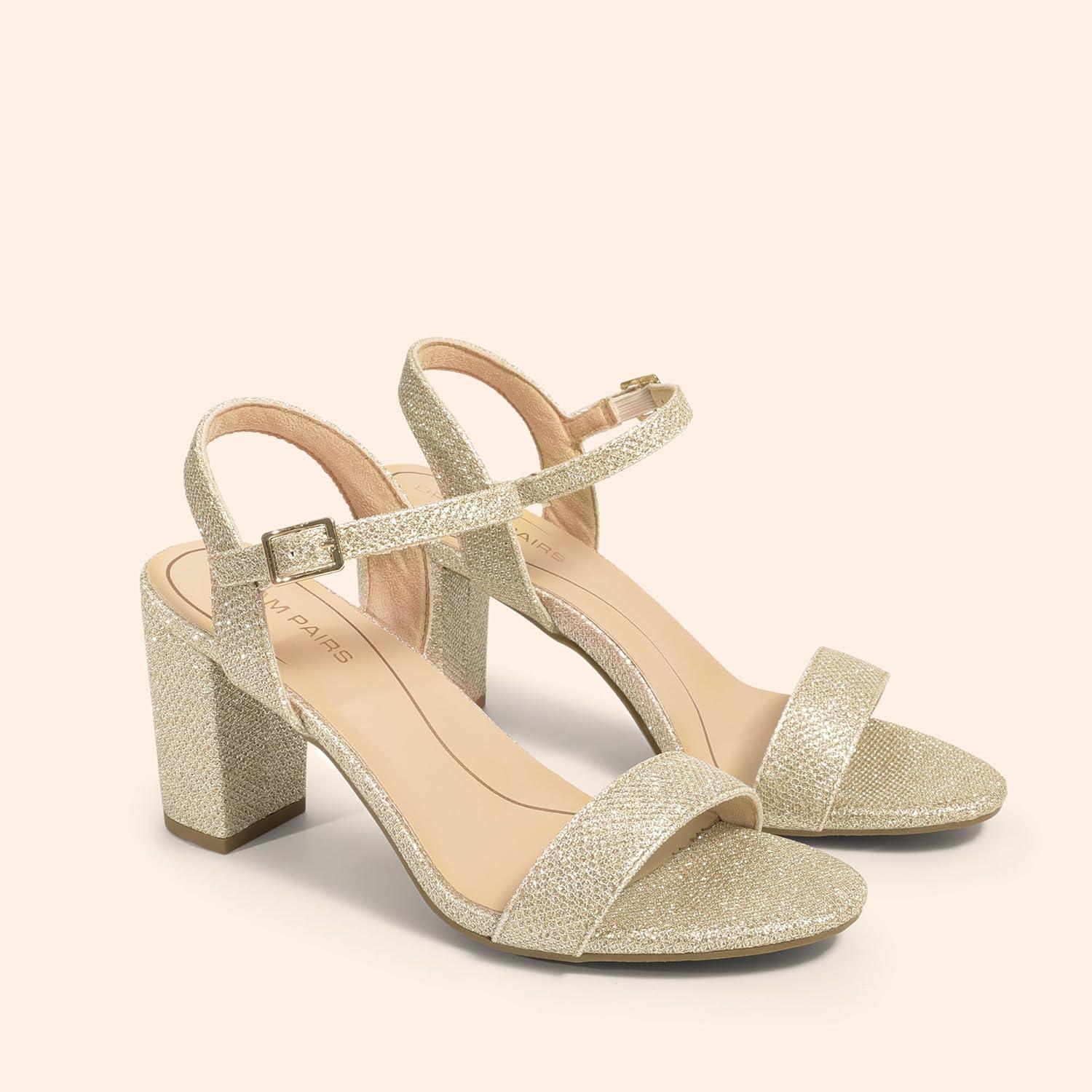 imageDREAM PAIRS Womens Chunky Heels Block Round Open Toe Ankle Strap Heel Fashion Wedding Party Comfort Dress Sandals ShoesGold