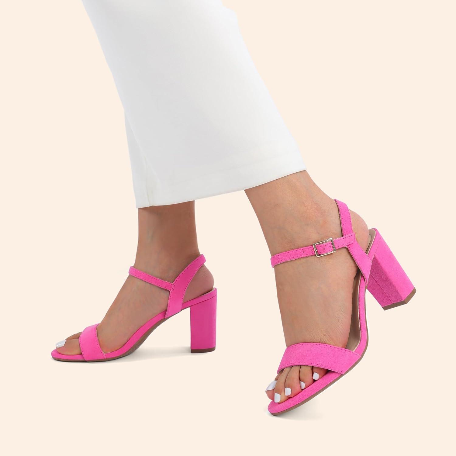 imageDREAM PAIRS Womens Chunky Heels Block Round Open Toe Ankle Strap Heel Fashion Wedding Party Comfort Dress Sandals ShoesHot Pink