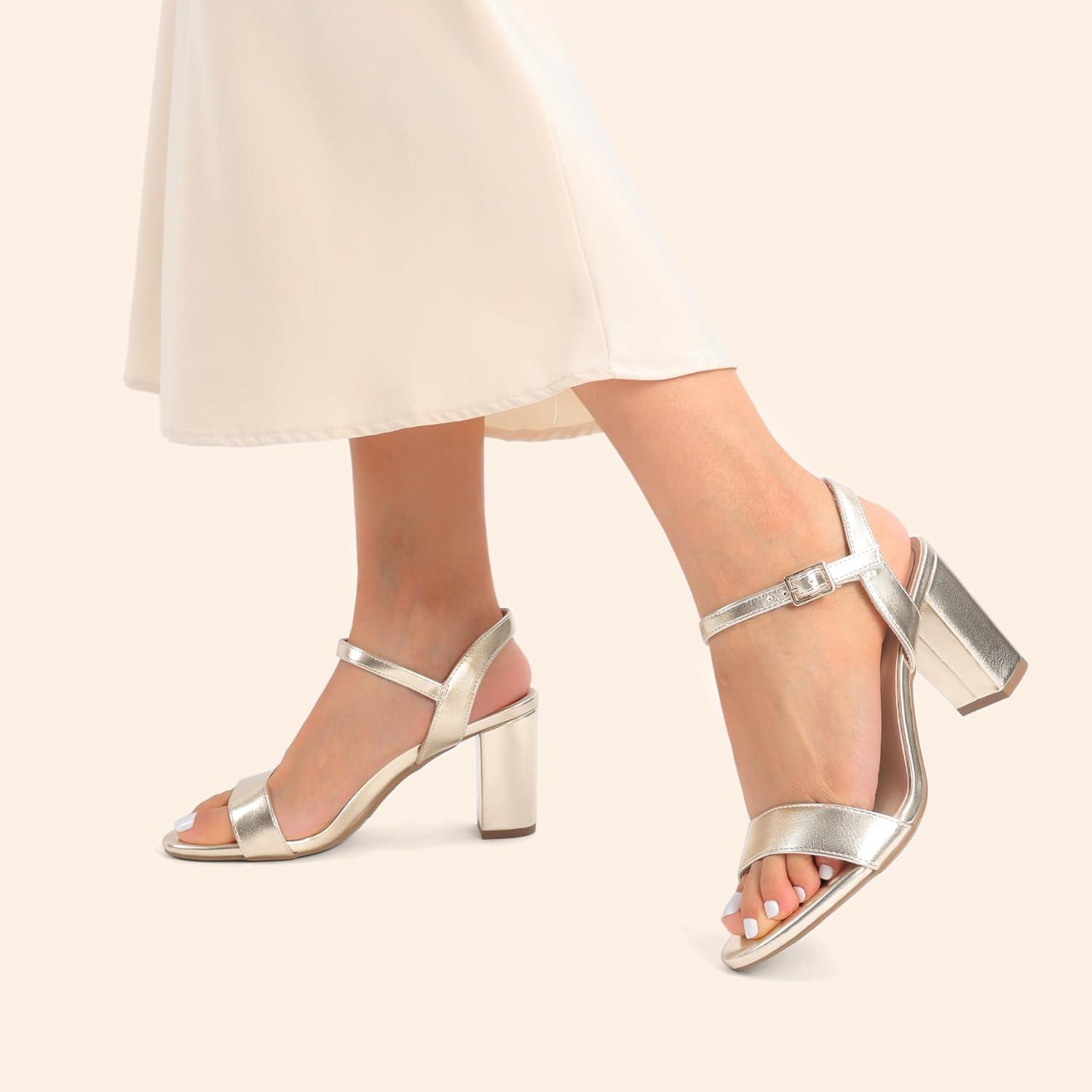 imageDREAM PAIRS Womens Chunky Heels Block Round Open Toe Ankle Strap Heel Fashion Wedding Party Comfort Dress Sandals ShoesLight Gold