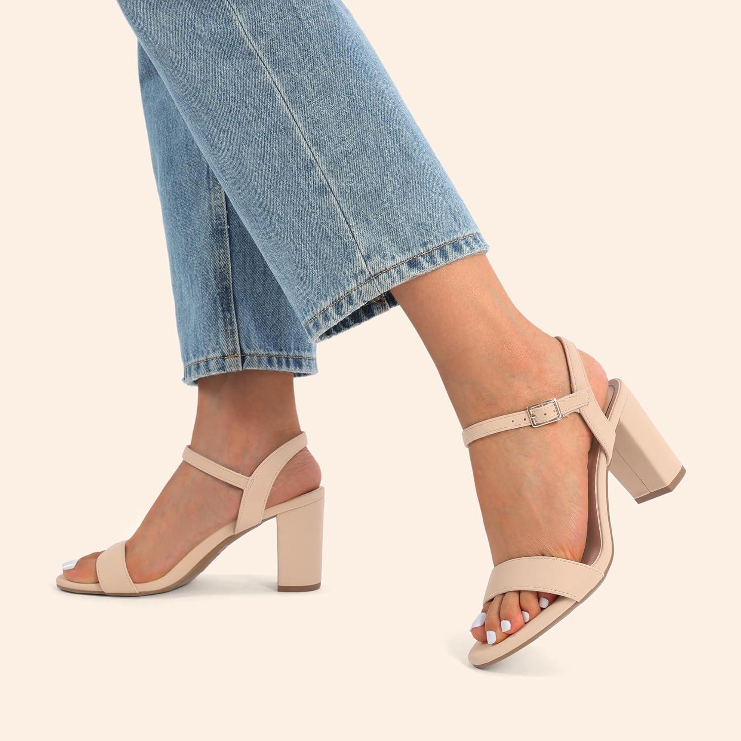 imageDREAM PAIRS Womens Chunky Heels Block Round Open Toe Ankle Strap Heel Fashion Wedding Party Comfort Dress Sandals ShoesNude