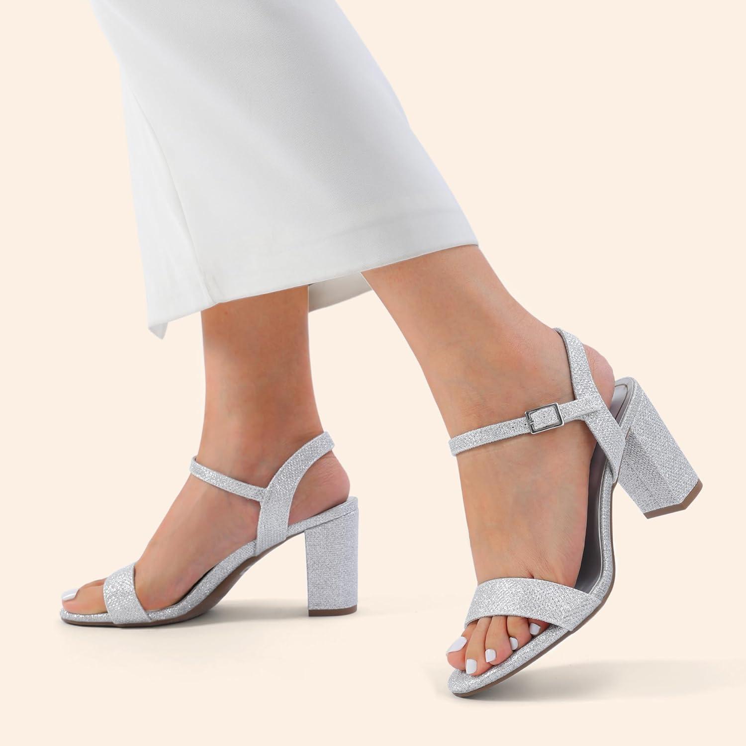 imageDREAM PAIRS Womens Chunky Heels Block Round Open Toe Ankle Strap Heel Fashion Wedding Party Comfort Dress Sandals ShoesSilverglitter