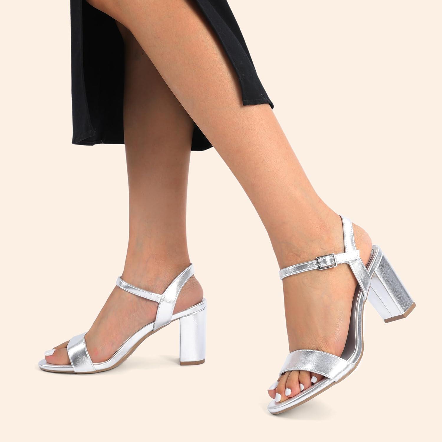 imageDREAM PAIRS Womens Chunky Heels Block Round Open Toe Ankle Strap Heel Fashion Wedding Party Comfort Dress Sandals ShoesSilverpu