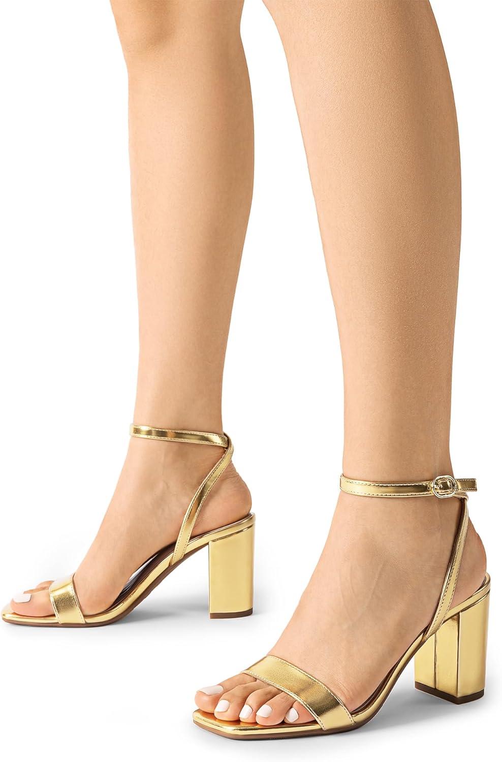 imageDREAM PAIRS Womens Chunky Heels Square Open Toe Ankle Buckle Strappy Block Heeled Sandals for Party Wedding DailyGoldmetallic