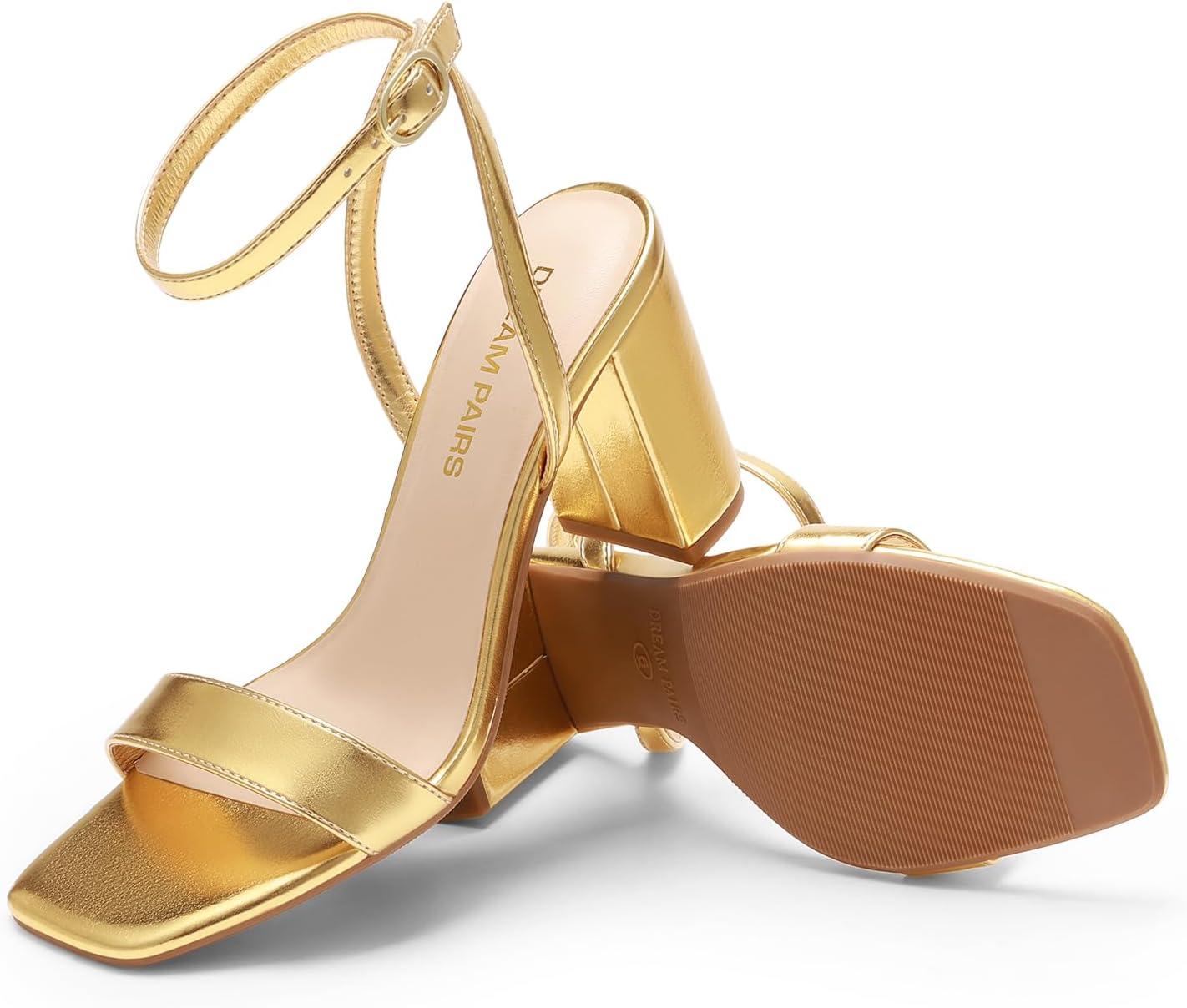 imageDREAM PAIRS Womens Chunky Heels Square Open Toe Ankle Buckle Strappy Block Heeled Sandals for Party Wedding DailyGoldmetallic