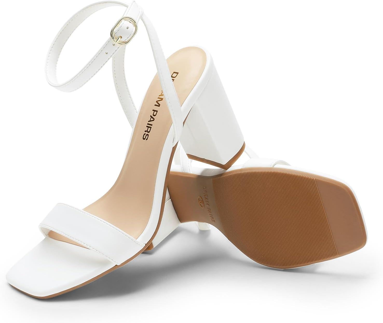 imageDREAM PAIRS Womens Chunky Heels Square Open Toe Ankle Buckle Strappy Block Heeled Sandals for Party Wedding DailyWhitepu