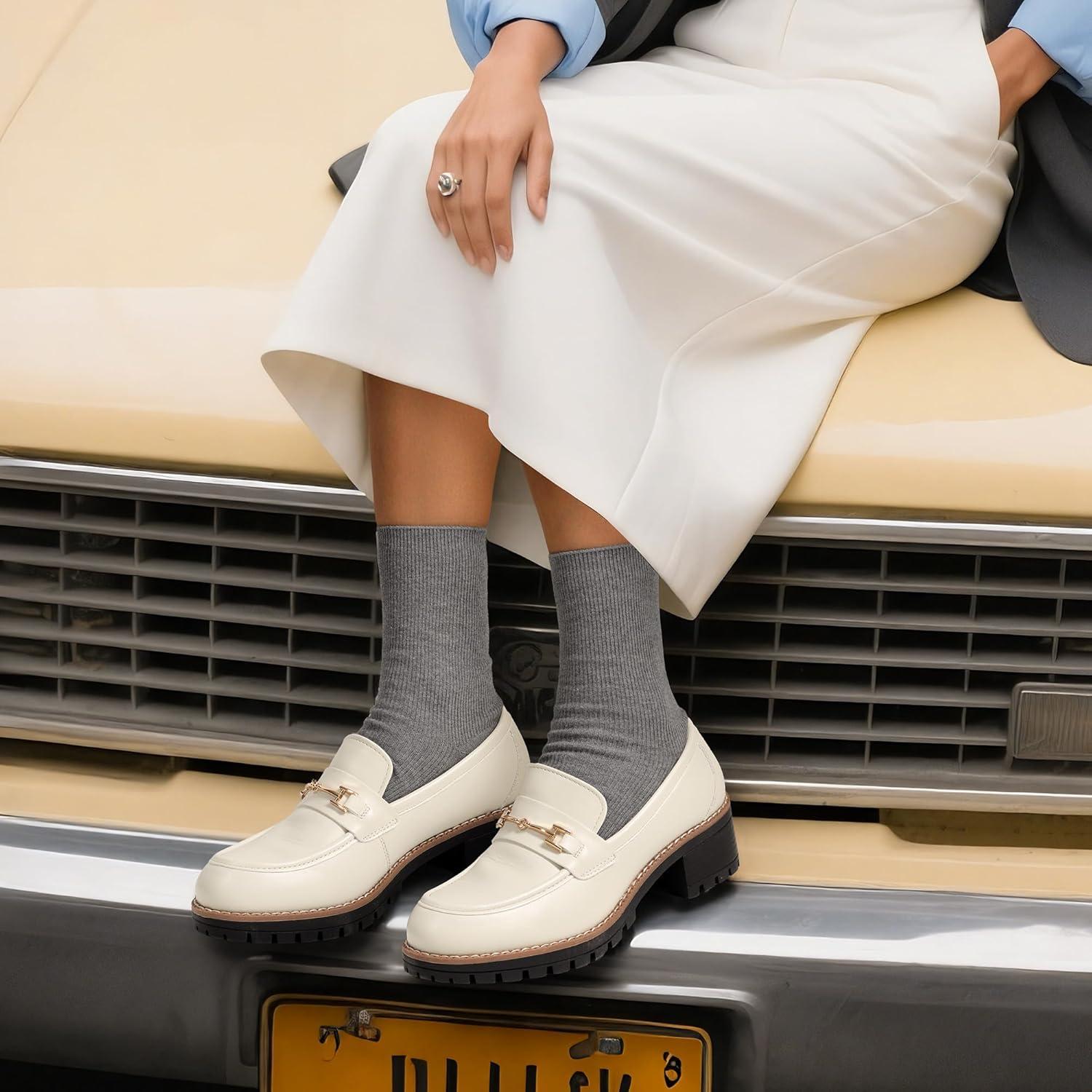 imageDREAM PAIRS Womens Chunky Loafers Platform Comfortable SlipOn Dressy Business Casual ShoesBeigepu