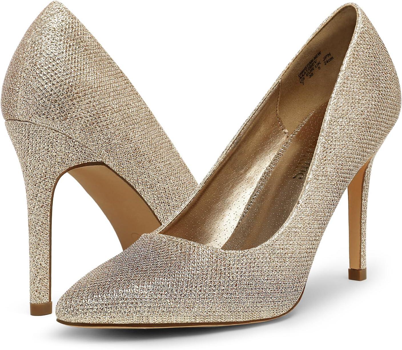 imageDREAM PAIRS Womens Closed Toe High Heels Dress Pointed Toe Wedding Pump ShoesGoldGlitter