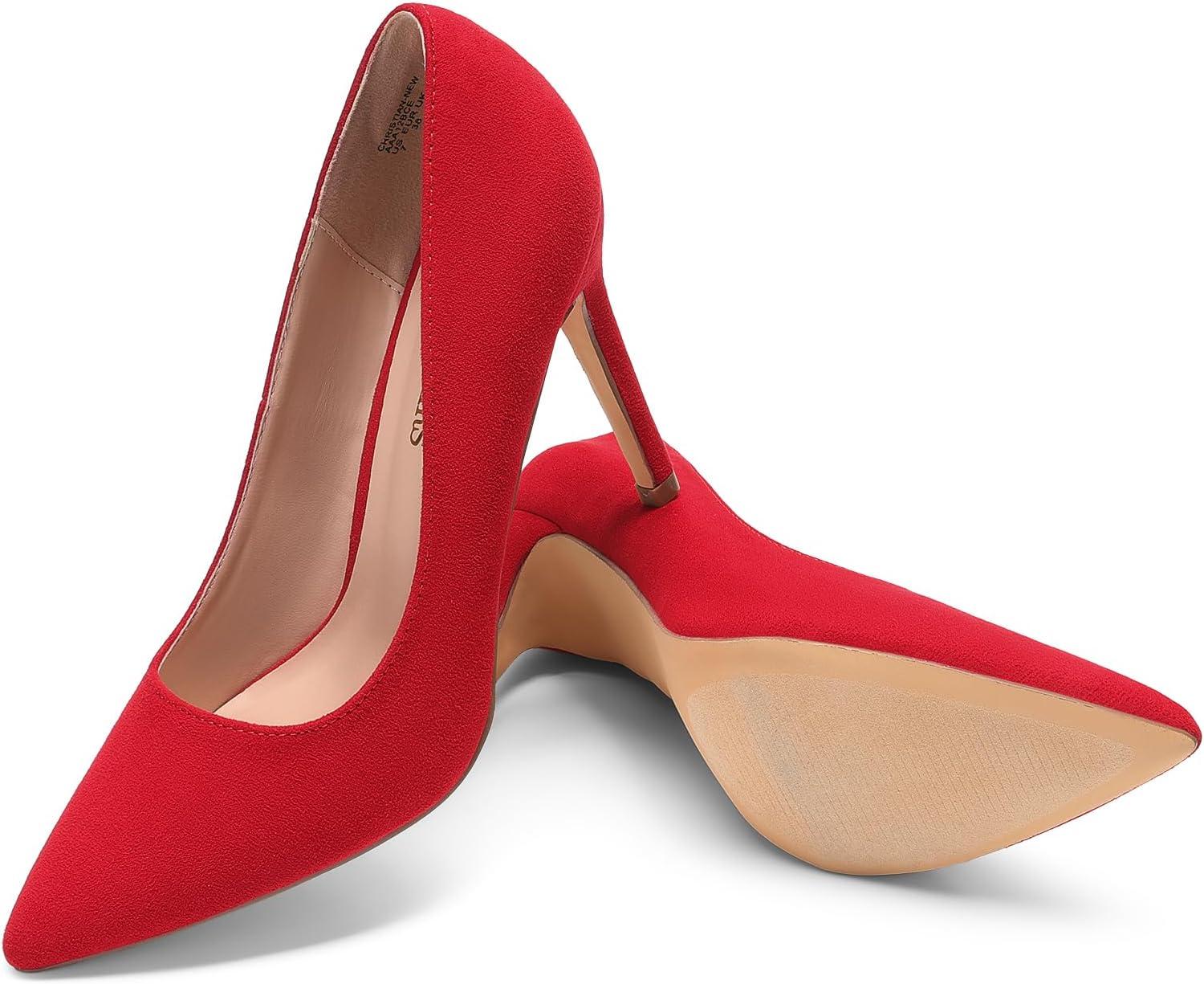 imageDREAM PAIRS Womens Closed Toe High Heels Dress Pointed Toe Wedding Pump ShoesRedSuede