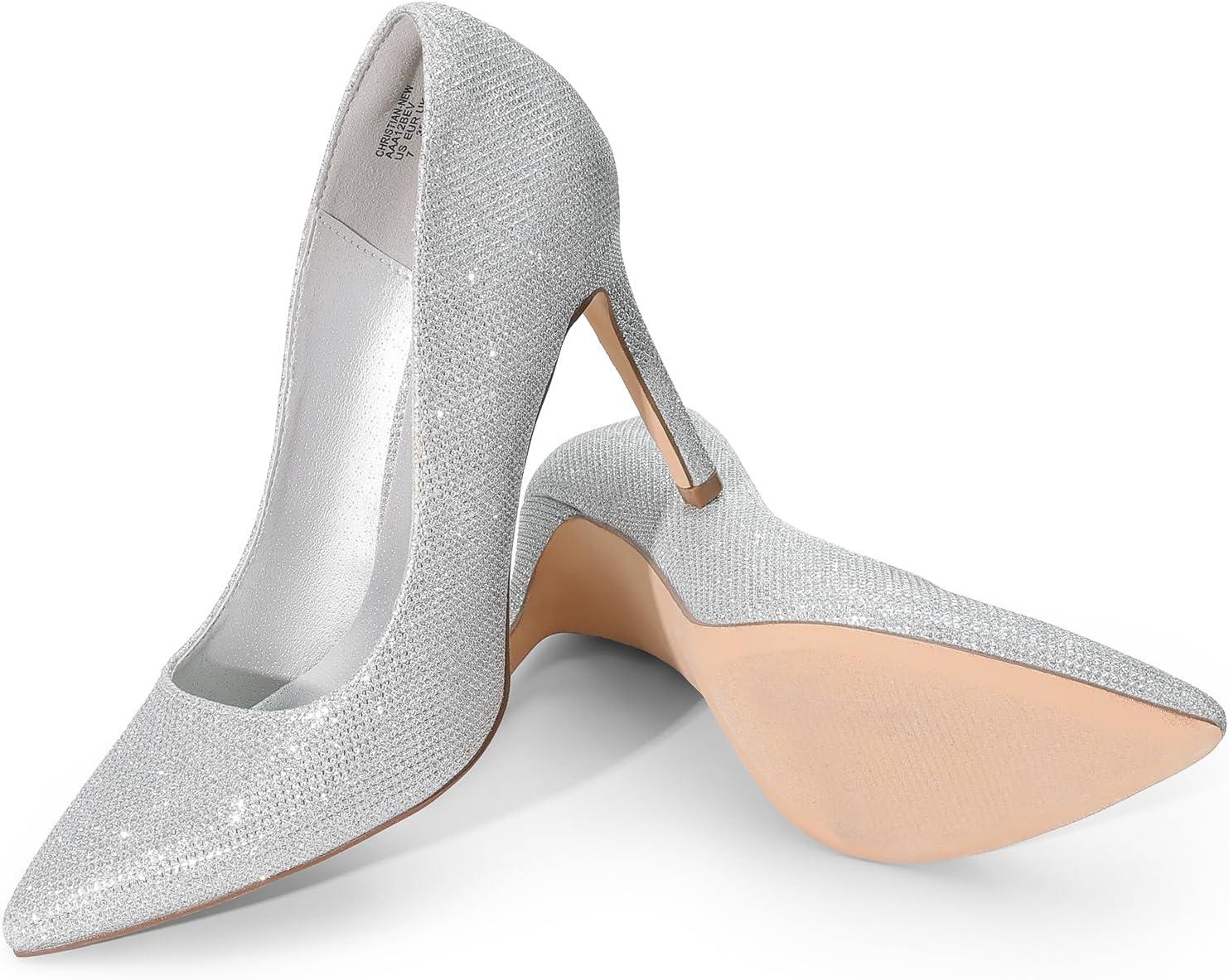 imageDREAM PAIRS Womens Closed Toe High Heels Dress Pointed Toe Wedding Pump ShoesSilverGlitter