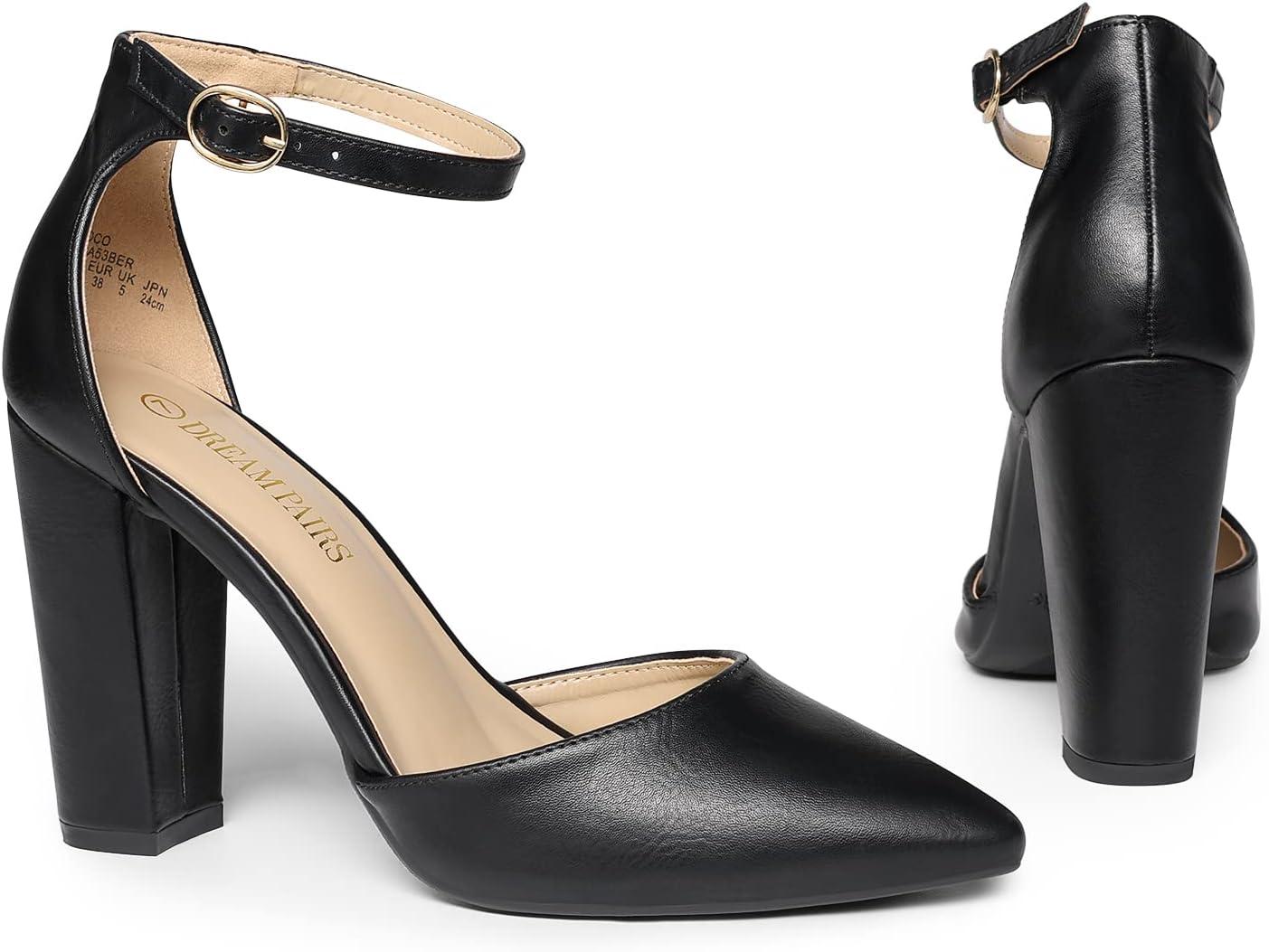 imageDREAM PAIRS Womens Coco High Heels Chunky Block Pumps Pointed Closed Toe Ankle Strap Dress ShoesBlackPu