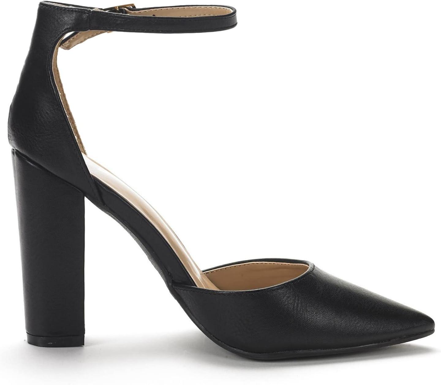 imageDREAM PAIRS Womens Coco High Heels Chunky Block Pumps Pointed Closed Toe Ankle Strap Dress ShoesBlackPu