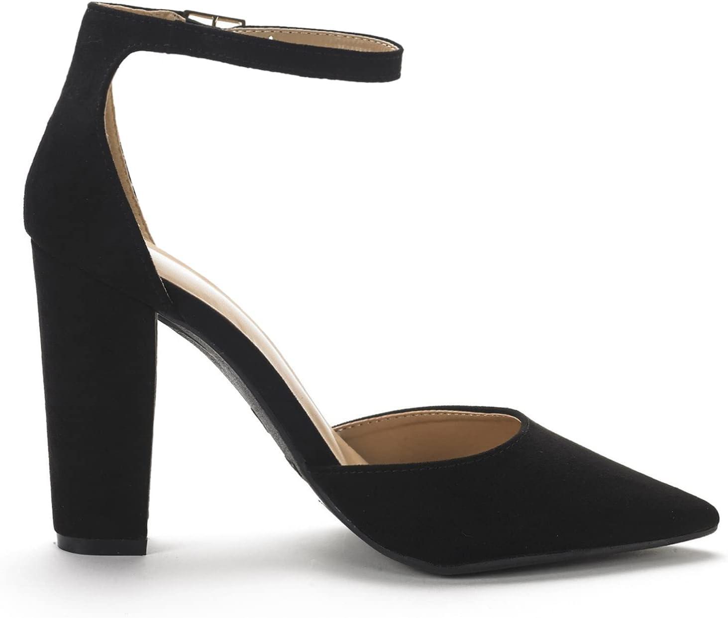 imageDREAM PAIRS Womens Coco High Heels Chunky Block Pumps Pointed Closed Toe Ankle Strap Dress ShoesBlackSuede