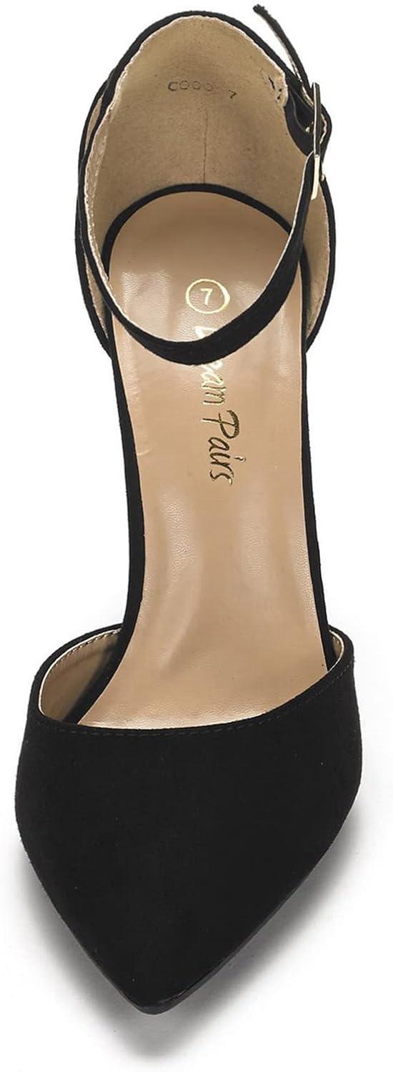 imageDREAM PAIRS Womens Coco High Heels Chunky Block Pumps Pointed Closed Toe Ankle Strap Dress ShoesBlackSuede