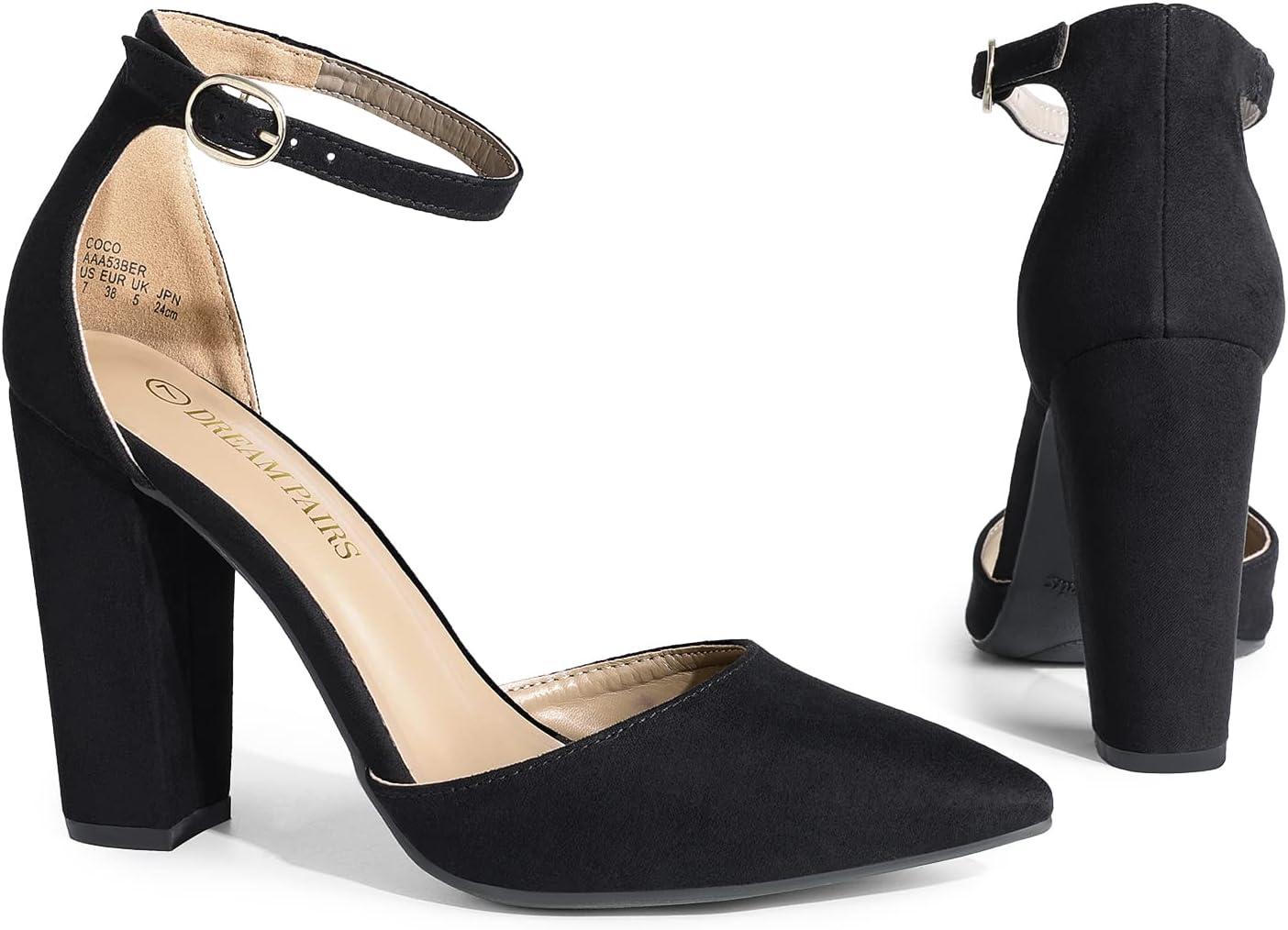 imageDREAM PAIRS Womens Coco High Heels Chunky Block Pumps Pointed Closed Toe Ankle Strap Dress ShoesBlackSuede