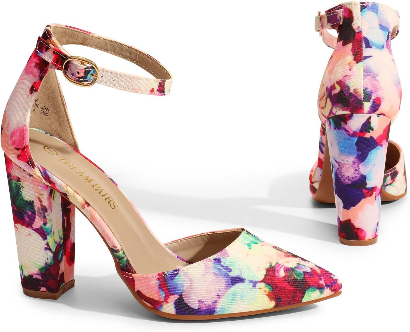 imageDREAM PAIRS Womens Coco High Heels Chunky Block Pumps Pointed Closed Toe Ankle Strap Dress ShoesFloral