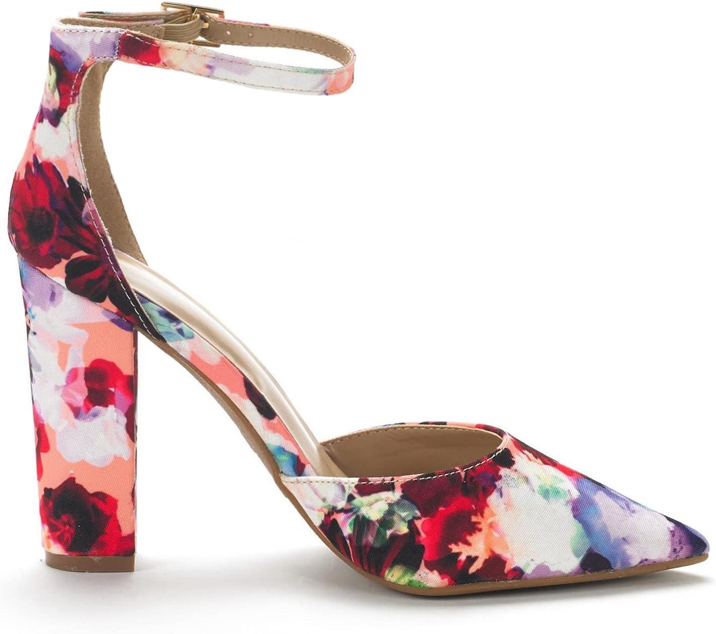 imageDREAM PAIRS Womens Coco High Heels Chunky Block Pumps Pointed Closed Toe Ankle Strap Dress ShoesFloral