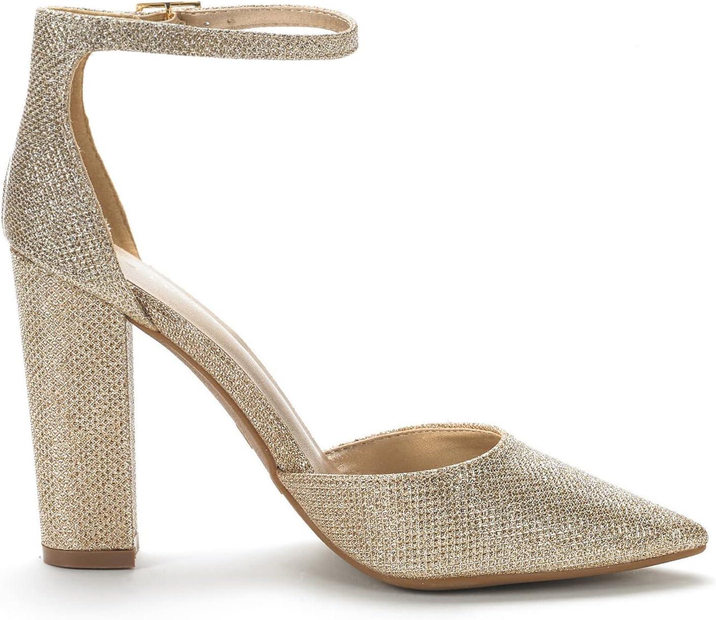 imageDREAM PAIRS Womens Coco High Heels Chunky Block Pumps Pointed Closed Toe Ankle Strap Dress ShoesGoldGlitter