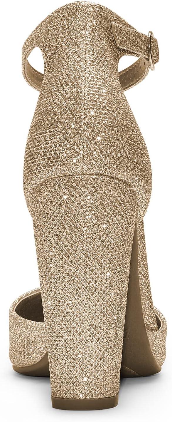 imageDREAM PAIRS Womens Coco High Heels Chunky Block Pumps Pointed Closed Toe Ankle Strap Dress ShoesGoldGlitter