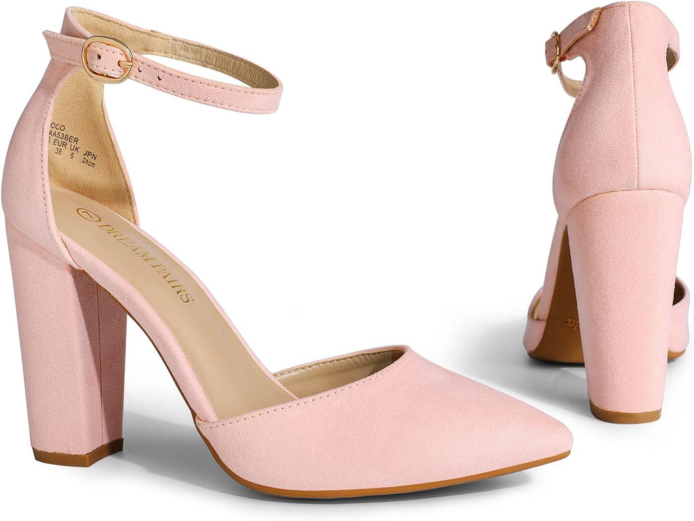 imageDREAM PAIRS Womens Coco High Heels Chunky Block Pumps Pointed Closed Toe Ankle Strap Dress ShoesPinkSuede