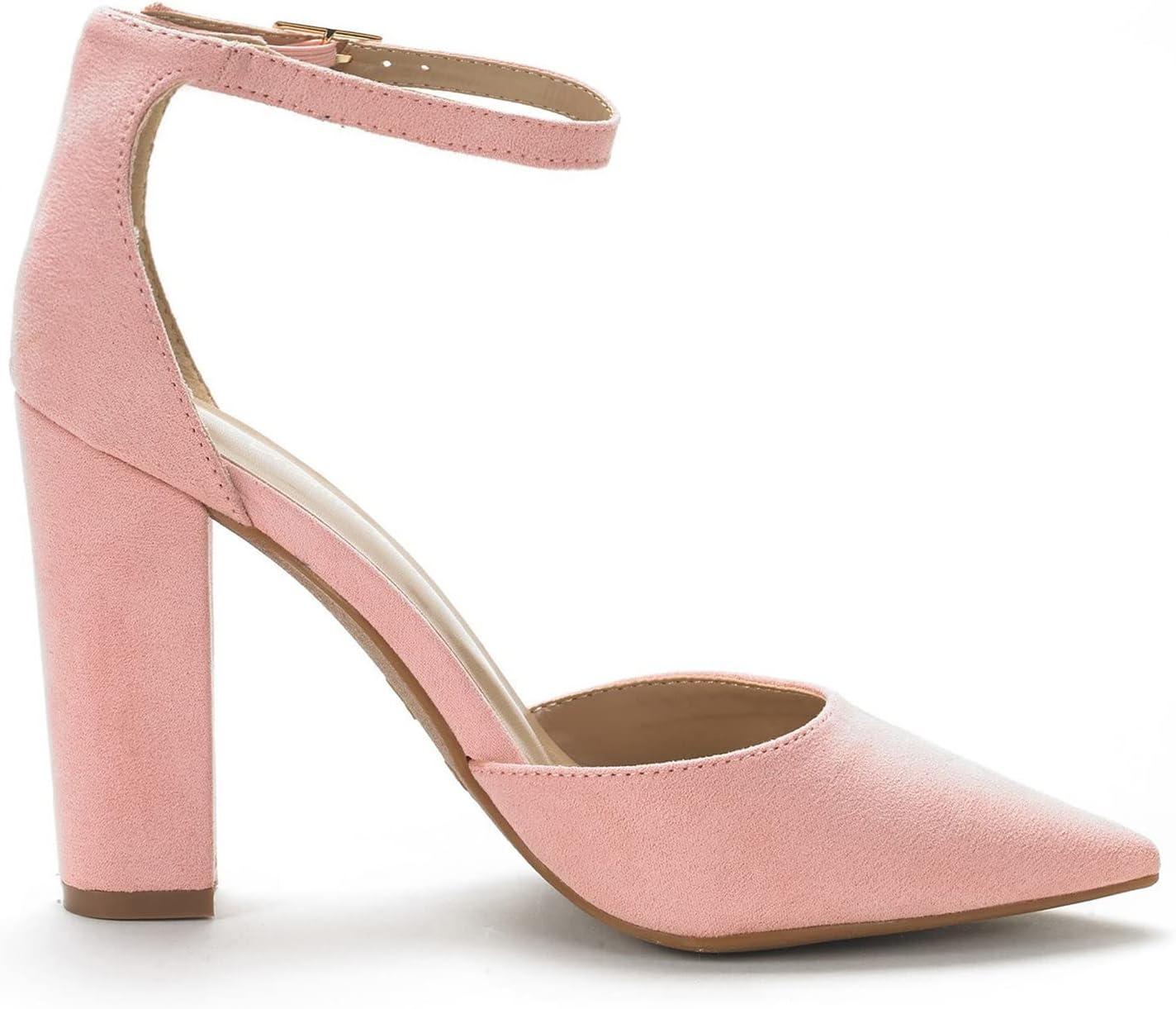 imageDREAM PAIRS Womens Coco High Heels Chunky Block Pumps Pointed Closed Toe Ankle Strap Dress ShoesPinkSuede